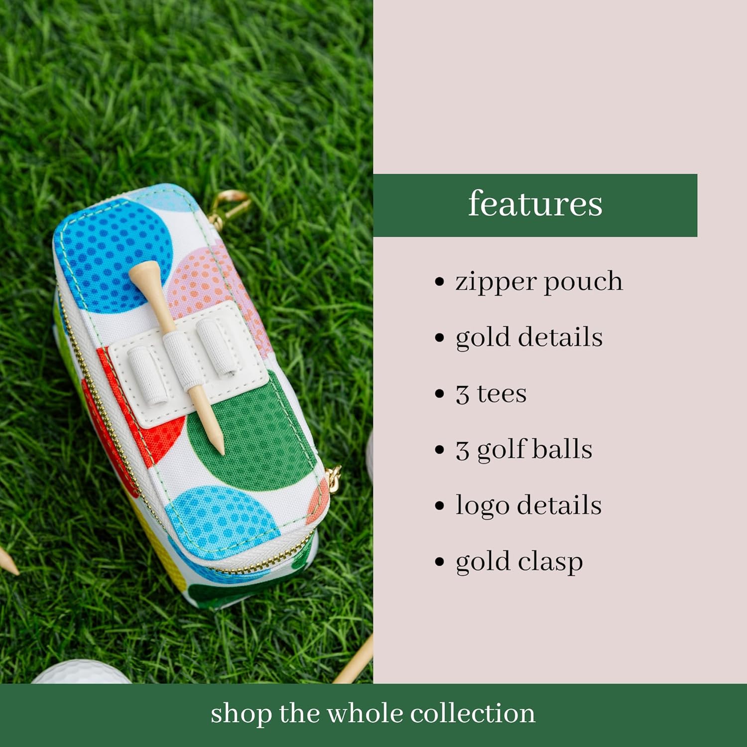Kate Spade New York Women's Golf Set - 3 Wooden Tees & 3 Balls With Zipper Pouch, Gold Clasp Secures to Bag, Golfball Pattern Mini