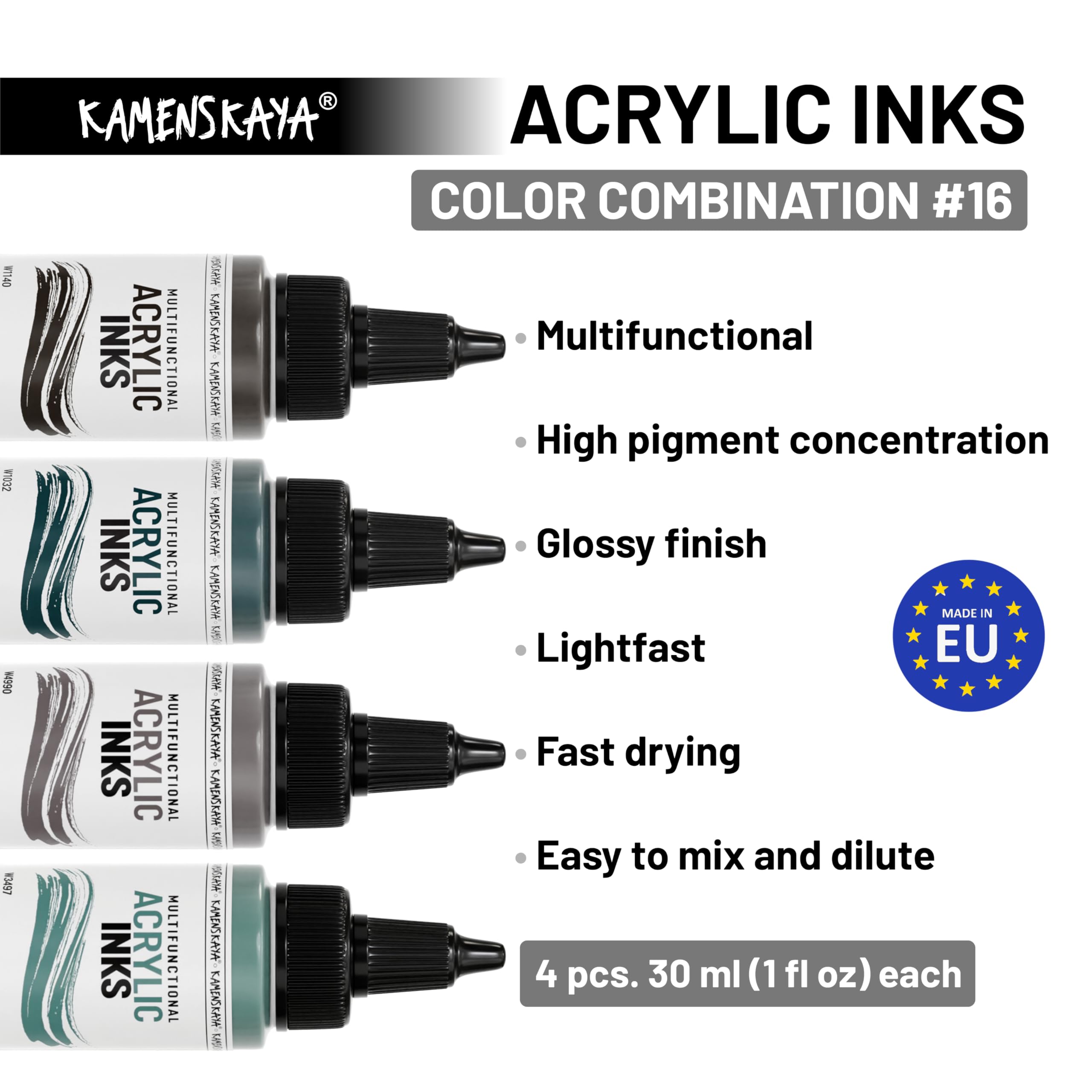 Kamenskaya Acrylic Inks for Artists - Acrylic Ink Set, Color Combination #16-4 pcs. 1 Fl Oz (30 ml) Each, 30 ml (Pack of 4) - Image 3