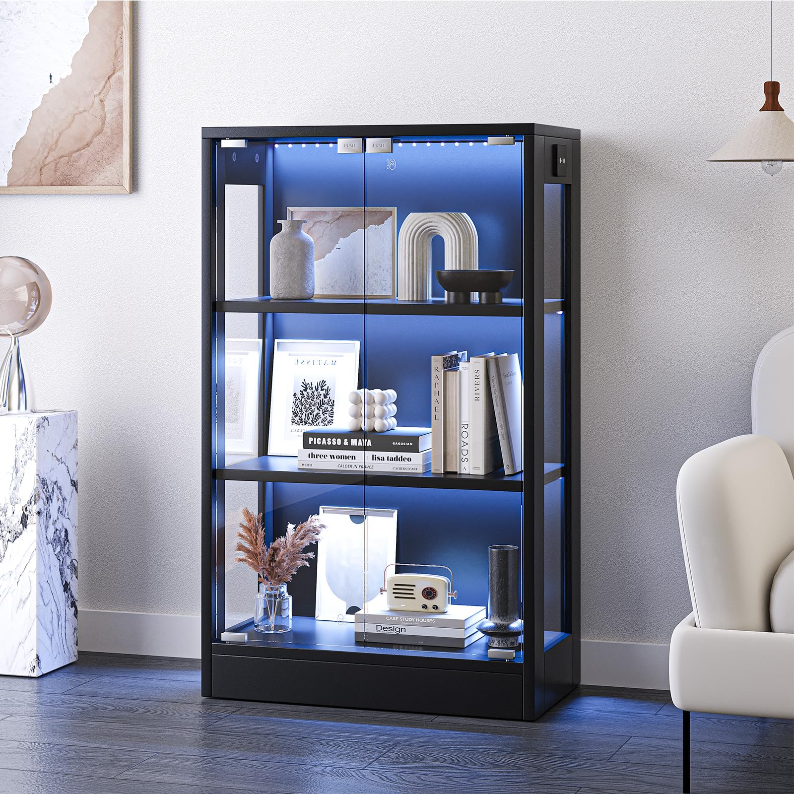 Display Cabinet with Glass Doors 3-Tier, 7 Vibrant Colors 3 Dynamic Lighting Modes HD Glass Storage Cabinet with Human Body Sensor(Black)