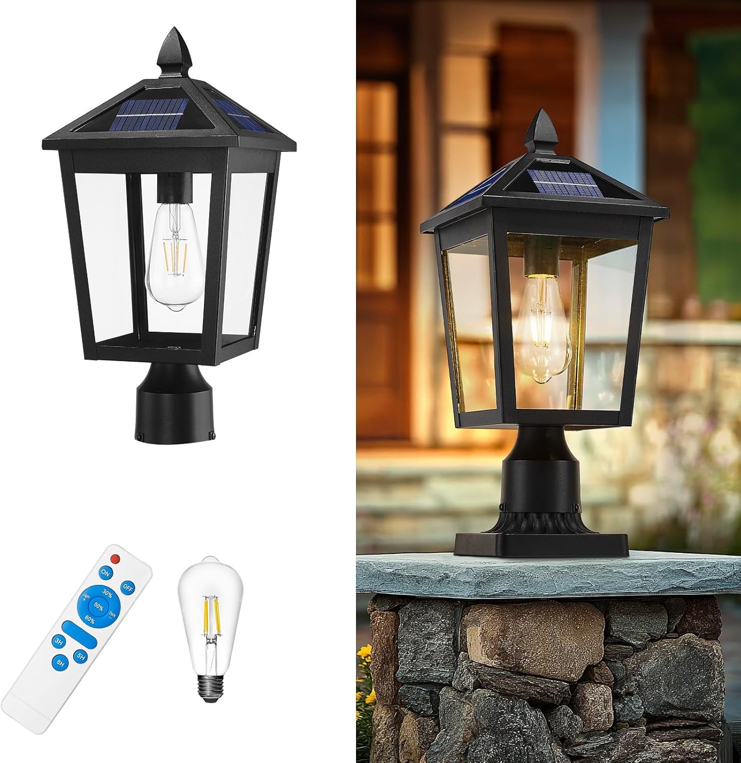 zeyu Lantern Post Light Fixture with Photocell Sensor, 13.7 Inch Dusk to Dawn Outdoor Post Lighting, Exterior Pole Lighting Fixture with Water Ripple Glass, 20076PS-PC BK-WP