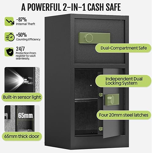 Miniatura 6 de Caja de seguridad de doble puerta de 8.6 pies cúbicos resistente con bolsa ignífuga impermeable oculta, estantes removibles, silenciosa, caja