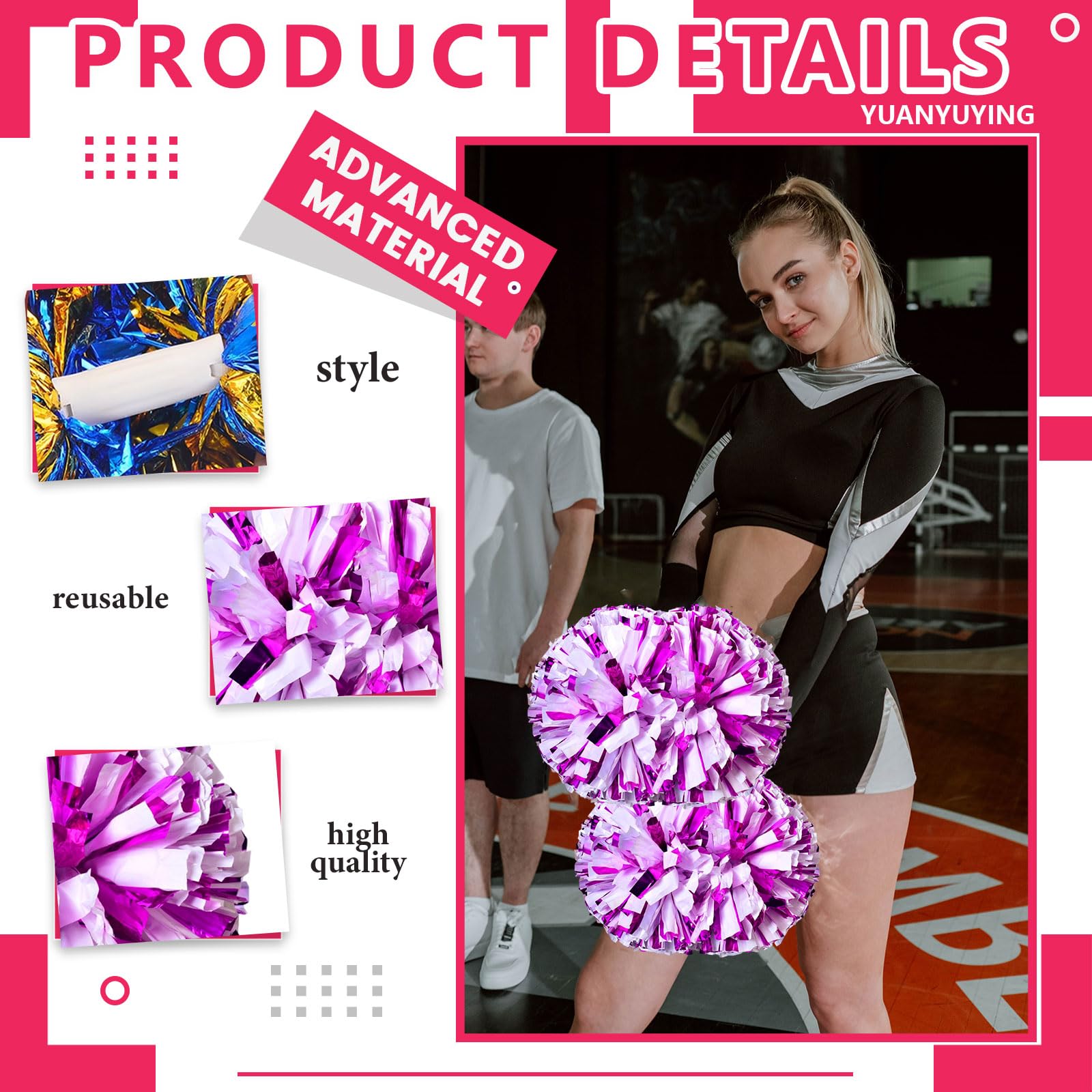 Pompon da cheerleading, 8 pezzi con manico, perfetti per tifo di squadra, giochi di spirito,Pompon resistenti per eventi (Rosa rossa + bianco)