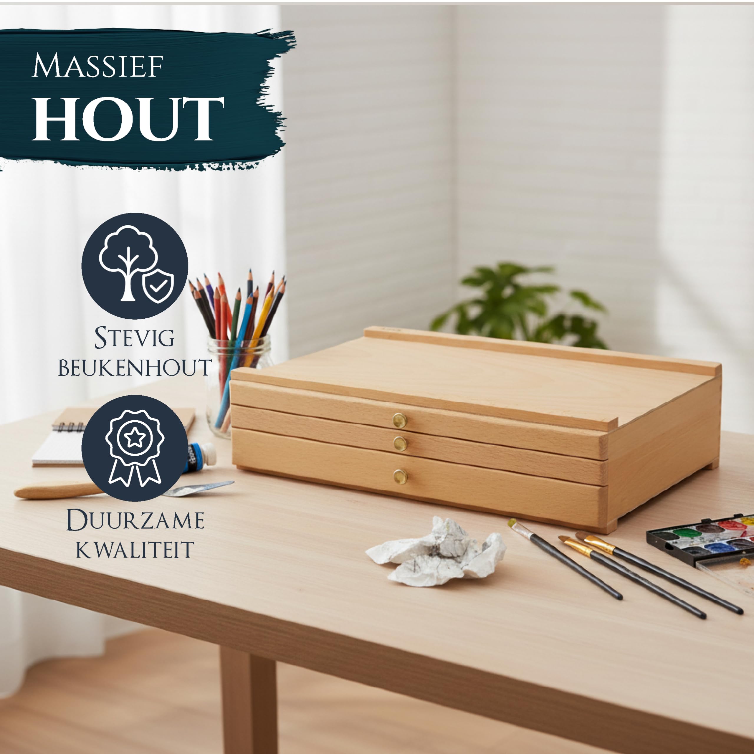 Gereedschapskist | 40 cm, Beukenhout | Verfkwastenkist, Verfkist, Houten Kunstenaarskist, Opbergkist, Sorteerbox, Naaikist, Sorteerbox