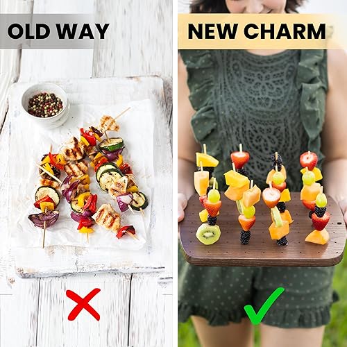 Miniatura 5 de Soporte para brochetas de madera con 100 pinchos de bambú para aperitivos, tablero de exhibición de alimentos de madera con 63 agujeros para cóctel,