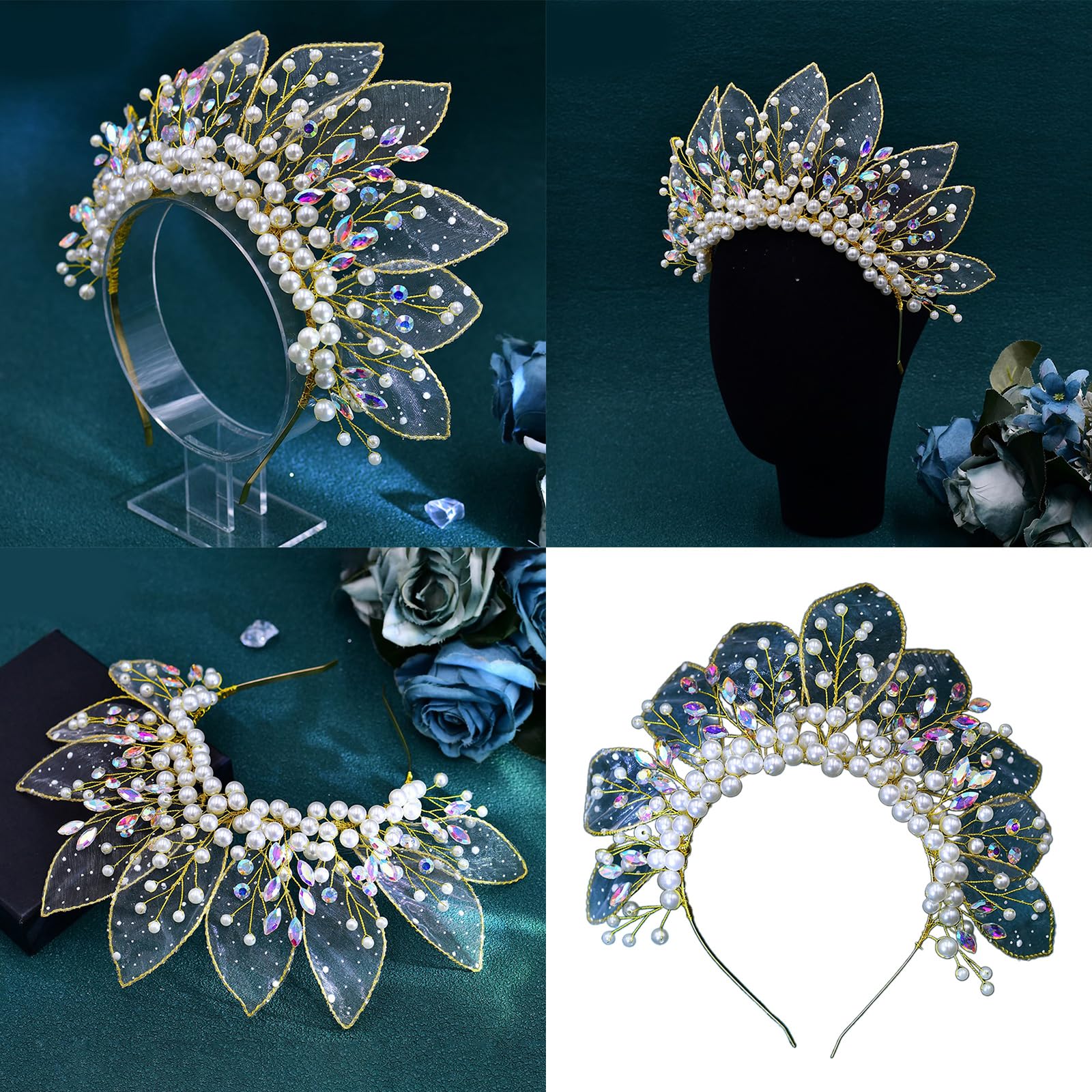 Diadema de boda dorada para novia con cuentas transparentes y perlas, accesorio de pelo de moda para graduación, concurso de graduación, cumpleaños