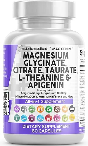 Complejo de glicinato de magnesio 1000 mg con L-teanina 200 mg de apigenina 50 mg suplemento de taurato de citrato - 5-HTP GABA Passion Flower Lemon