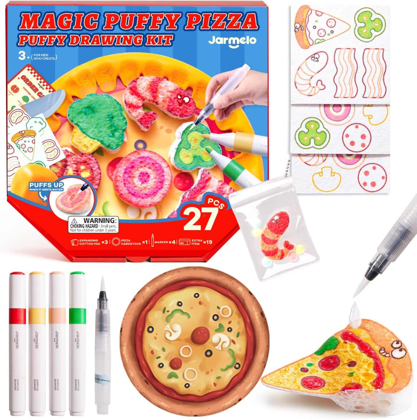 Jar Melo Magic Puffy Paint Pizza Kit, 27 Pcs Magic Foam Texture Painting Kit, 3D Art Foam Paper, Puffy Paint Crafts for Kids Ages 4-8, DIY Creative Gifts for Girls and Boys