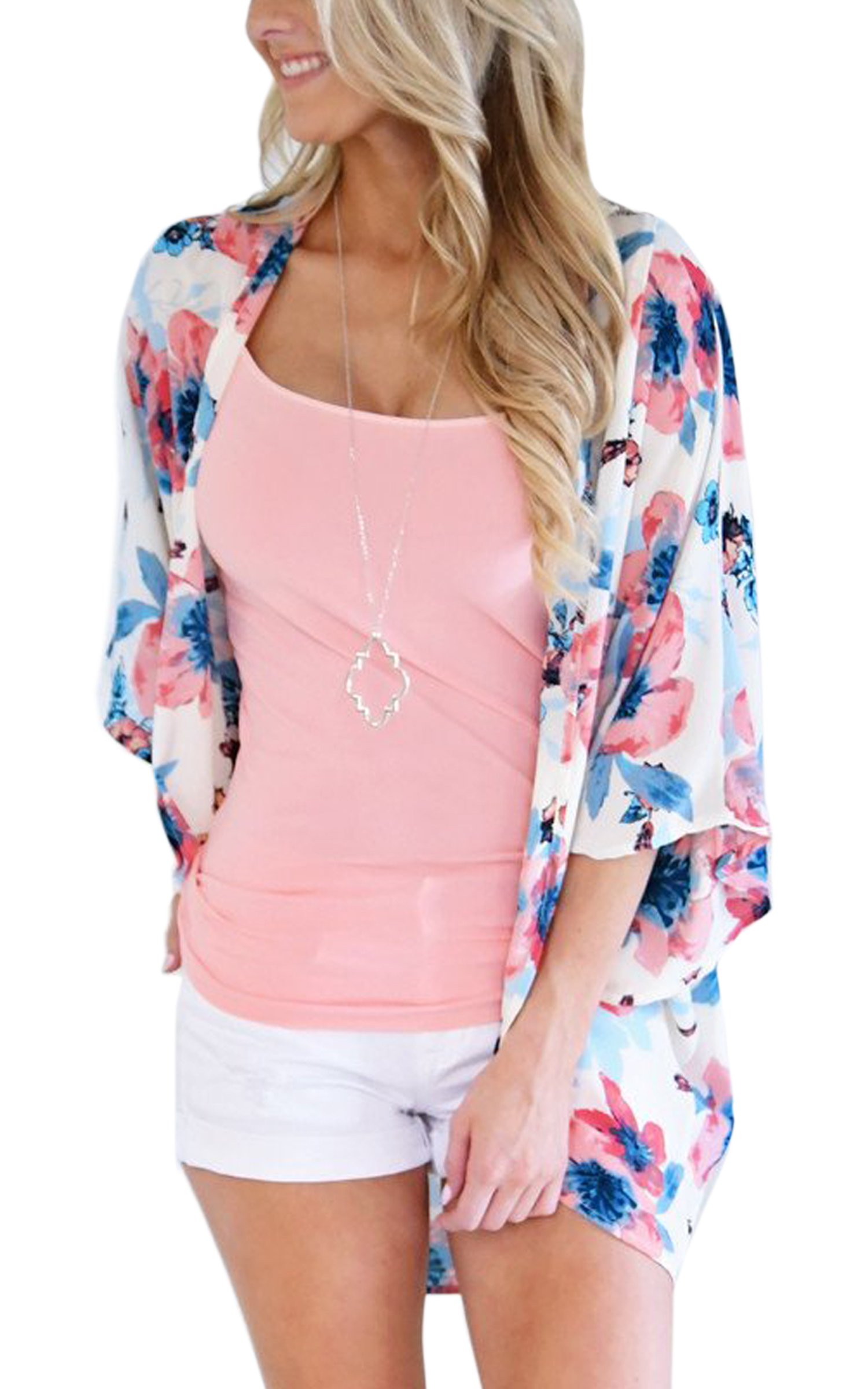 ECOWISH Womens Kimono Cardigan Floral Print Sheer Capes Loose Cardigans Cover Up Blouse Tops