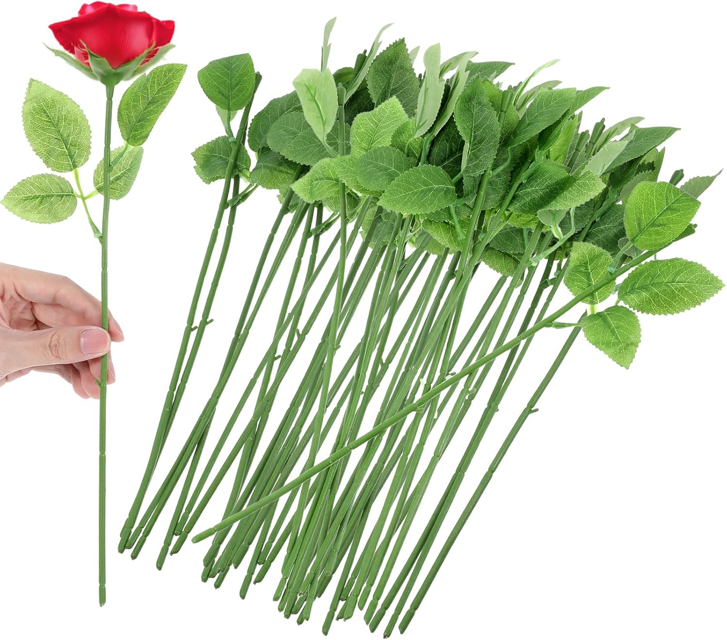 100 Pcs Rose Stems with Leaves, Fake Flower Stems Artificial Plastic Floral Wire DIY Craft Supplies for Bouquet Making Wedding Party Home Decor Arrangement Tools