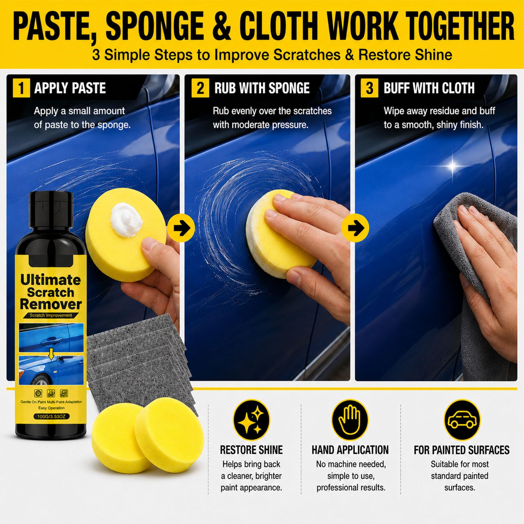 Car Cloth Scratch Remover Kit, Nano Cloth Car Scratch Remover with Paste and Sponge for Light Scratches, Scuffs and Swirl Marks (1pcs)