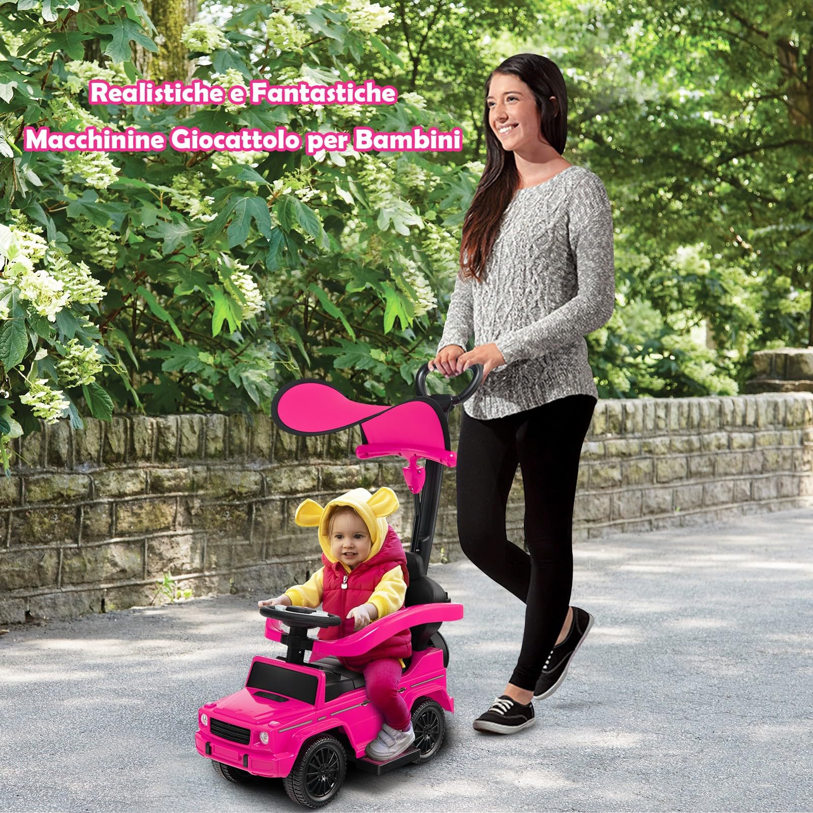 COSTWAY Auto a Spinta per Bambini, Macchina Cavalcabile a Spinta con Tettuccio Regolabile Maniglia per Genitori Paracolpi, Ideale per Bambini 12-36 Mesi (Rosa)
