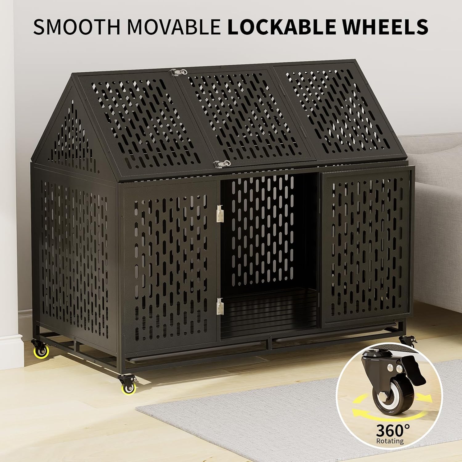 52 Inch Heavy Duty Dog Crate Extra Large Dog Cage, Indestructible XXL Dog Crate Kennel with Open Roof Top, Trays and Wheels, Escape-Proof for High Anxiety Giant Dogs