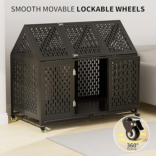 Miniatura 7 de Jaula para perros extra grande de 52 pulgadas, jaula para perros indestructible XXL con techo abierto, bandejas y ruedas, a prueba de fugas para
