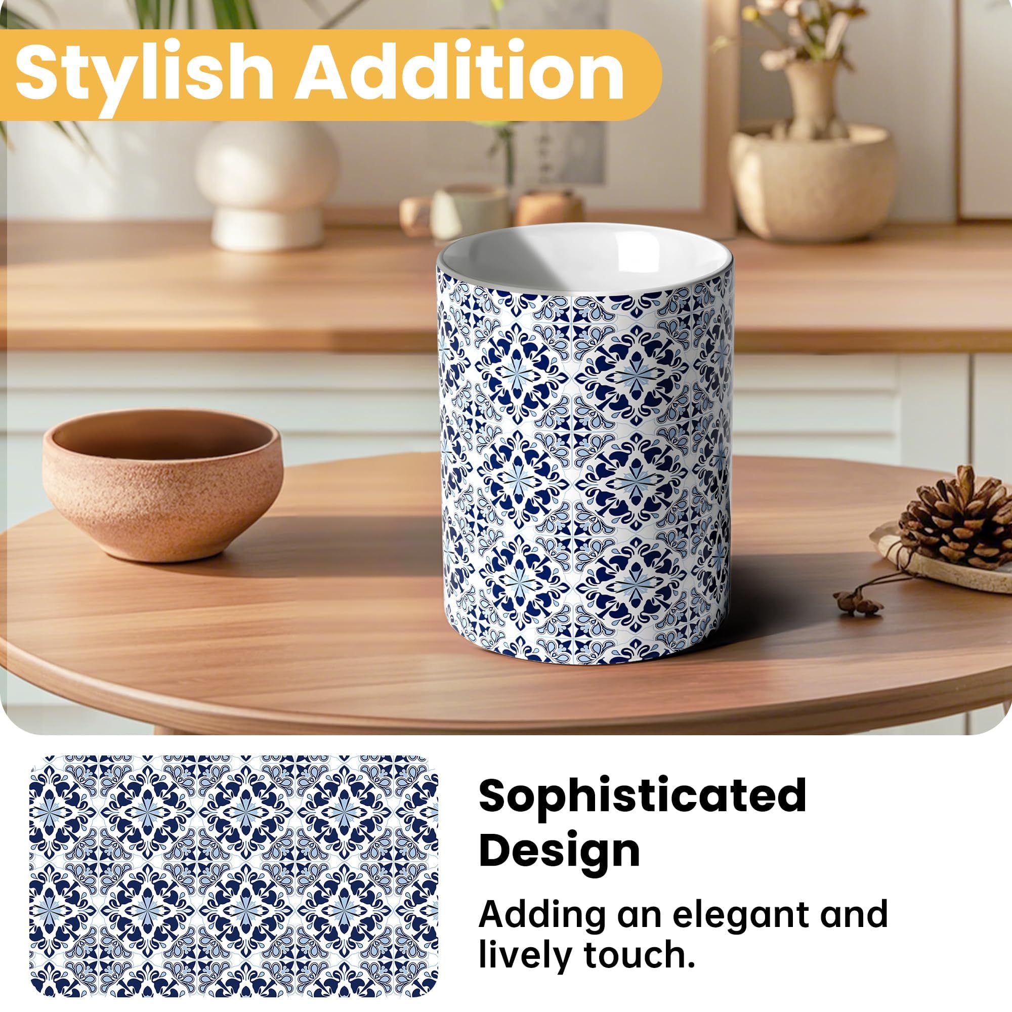 Soporte para utensilios de cocina de cerámica blanca y azul para encimera, soporte decorativo para utensilios de cocina, soporte para espátulas, decoración de cocina, vajilla grande para