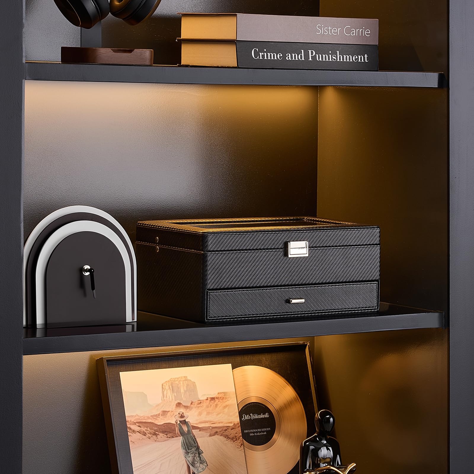 ProCase Scatola Orologio e Porta Orologi Uomo in Pelle PU Premium 12 Slot con Cassetto - Organizzatore per Anelli e Occhiali da Vista, Vetrina con Coperchio in Vetro, Tutto Nero