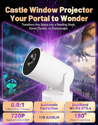 Miniatura 2 de Proyector de ventana de castillo, nuevo mini proyector 2026 con ventana de castillo 4K HD con rotación de 180, Keystone vertical automático,