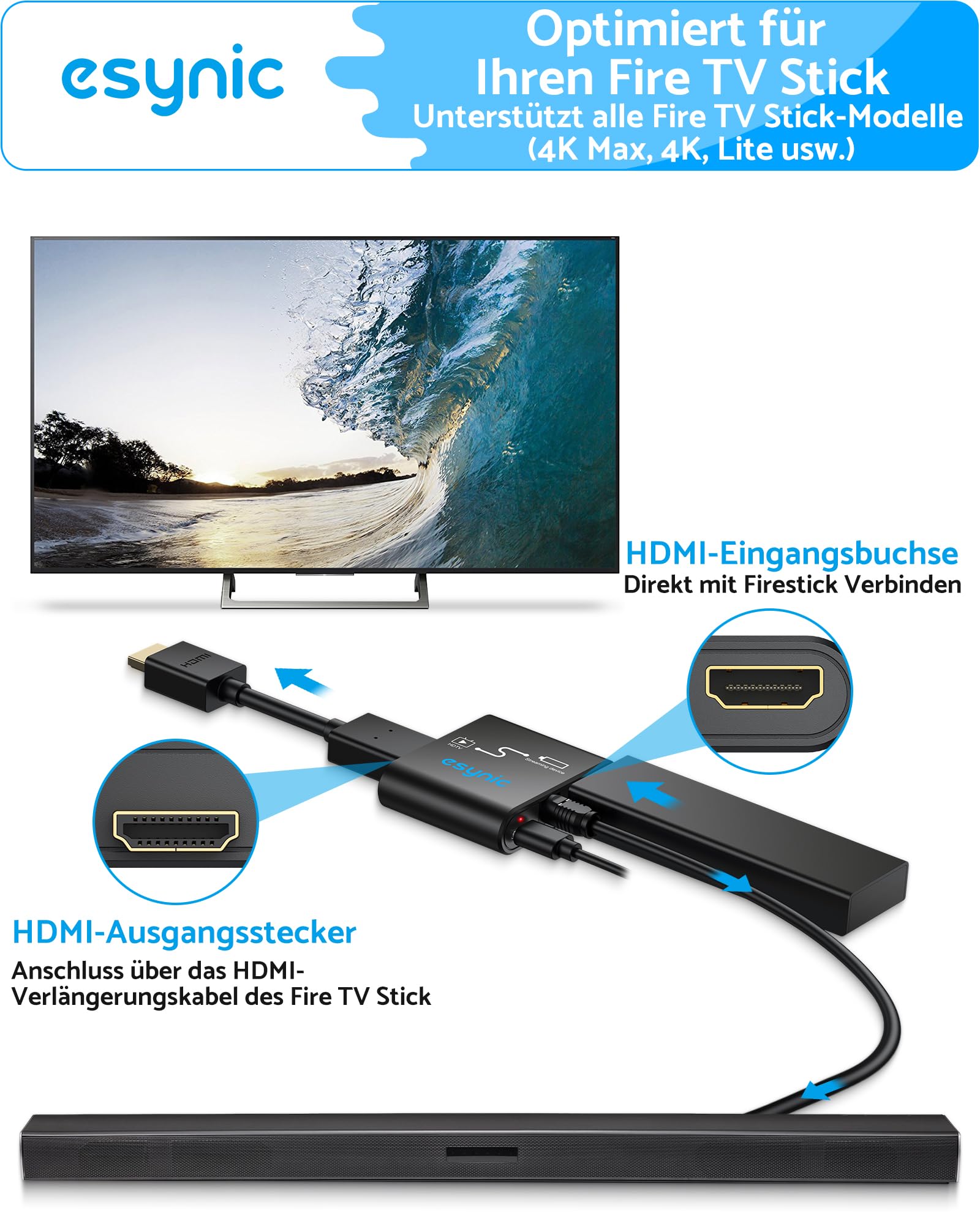 eSynic HDMI zu HDMI Audio Extractor 4K Optisch Splitter Adapter mit Optischer Audioausgang für Fire TV Stick Spezieller Fernsehkonverter 5.1 DTS Soundbar Konverter Ohne ARC/eARC Plug & Play