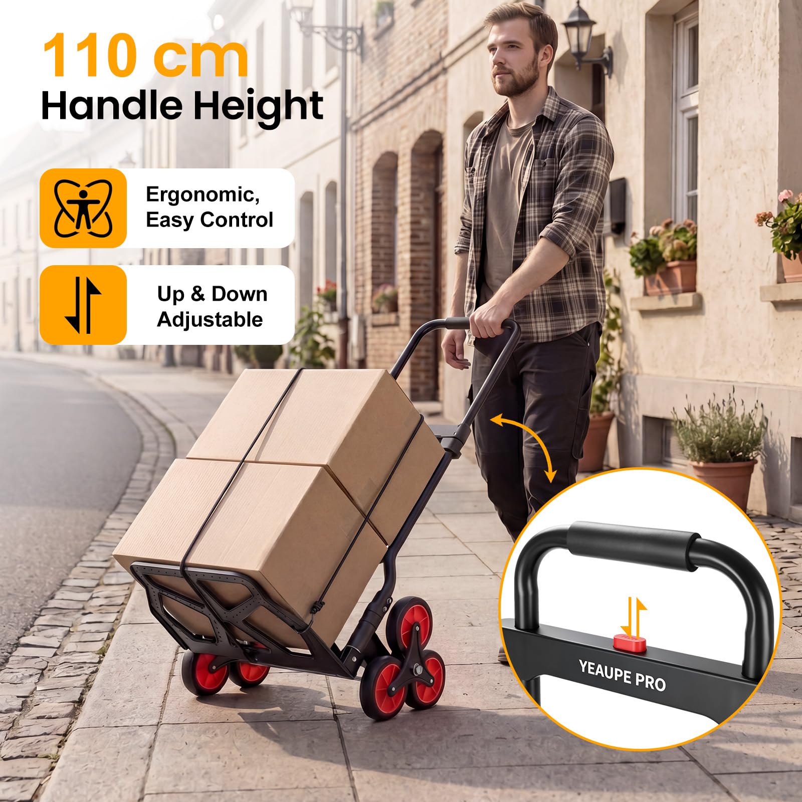 YEAUPE PRO Diable Pliable - Capacité de Charge de 70 kg - Poignée Réglable en Hauteur - avec 2 Cordes d'extension - Transport pour Monter Les escaliers - Noir - 3 Roues