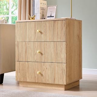 wow97 Fluted Nightstand with Charging Station, 3-Drawer Modern Bedroom Dresser, 21.65" Natural Wood End Table