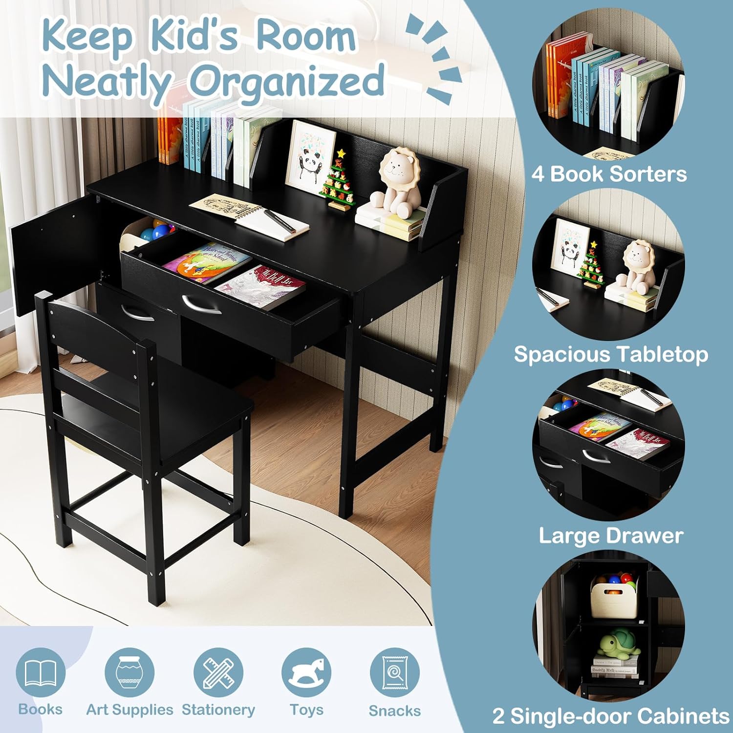 HONEY JOY Kids Desk and Chair Set, Wooden Children School Study Table and Chair w/Drawer, Storage Shelf & Cabinets, Student Computer Workstation Writing Desk for Bedroom, 3-8 Years Old (Black)