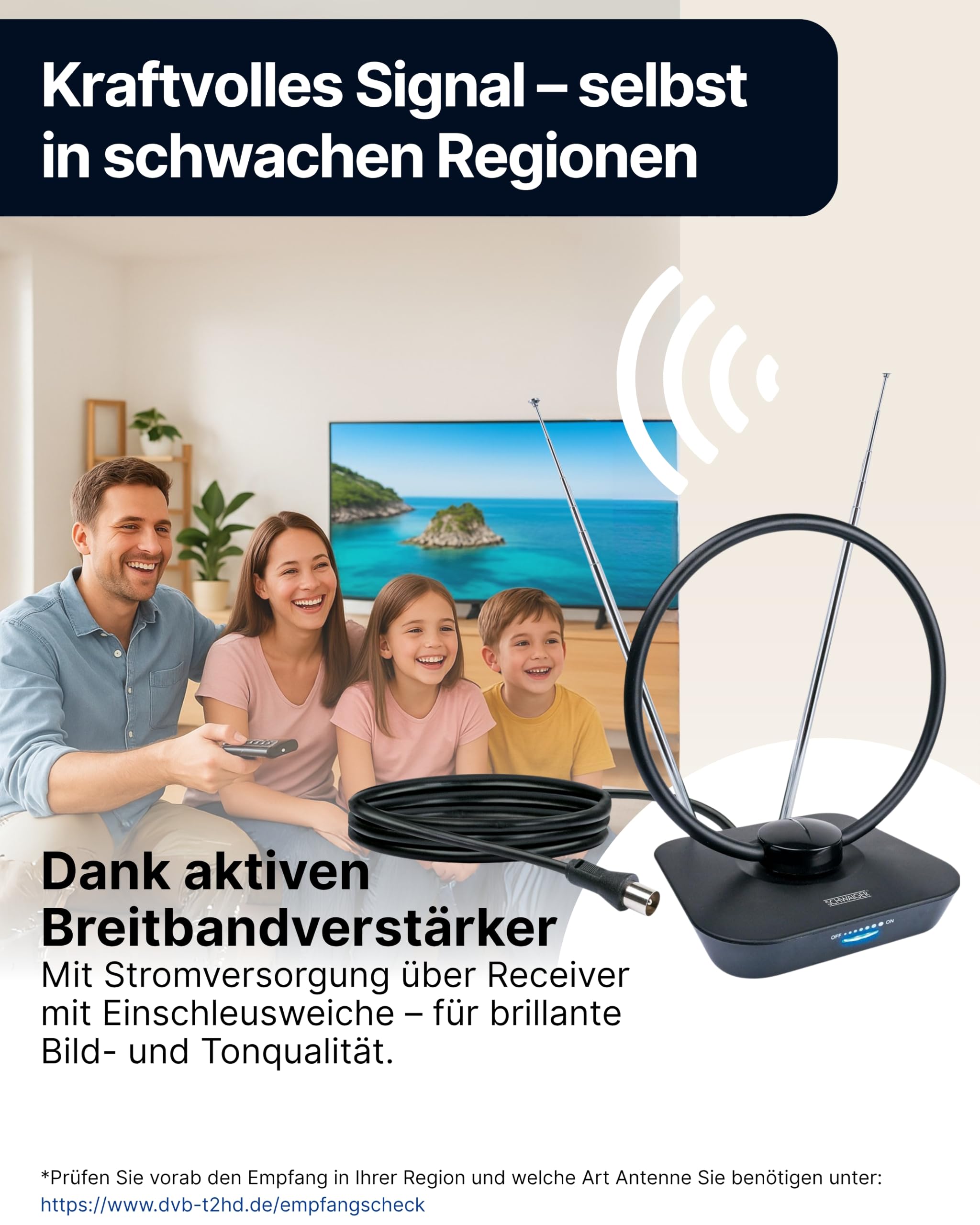 SCHWAIGER DVB-T2 Zimmerantenne aktiv I 36 dB TV-Antenne mit Verstärker regelbar & LTE-Filter I DVB-T2 HD Ringantenne für Fernseher I DAB+ Radio Innenantenne mit Teleskop-Stäben