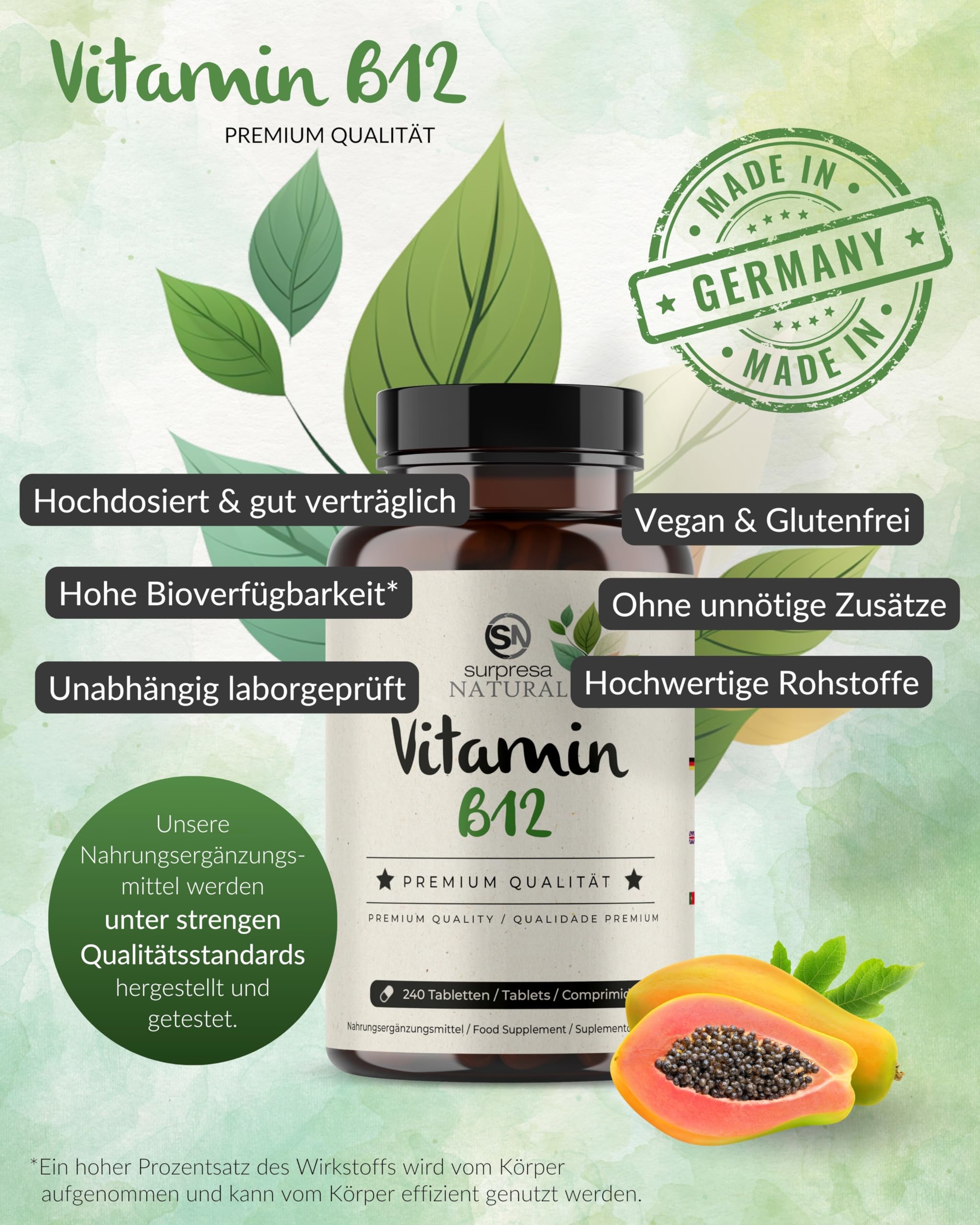 Vitamin B12 Tabletten I 5 x 240 Stück I Mit 500 µg Vitamin-B 12 aus Methyl- & Adenosylcobalamin I Vorrat für 40 Monate I Vitamin-B-Komplex hochdosiert I 100% vegan & natürlich