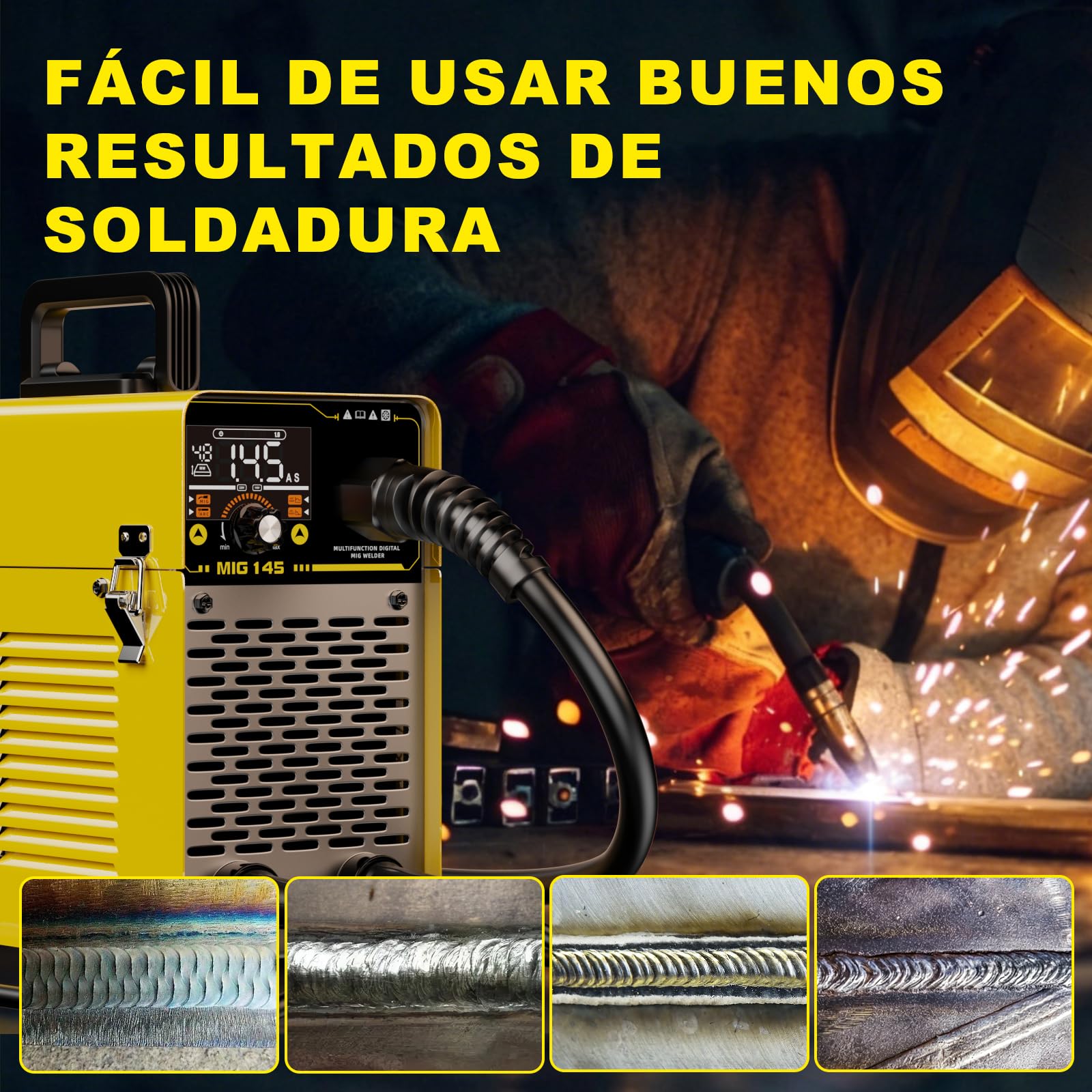 Haxiaoer 145A Soldador de Hilo Continuo Sin Gas 3 en 1 Máquina de Soldar MIG con ARC/Flux MIG/Lift TIG, Pantalla LED Digital Inteligente, Soldador Inversor Compacto