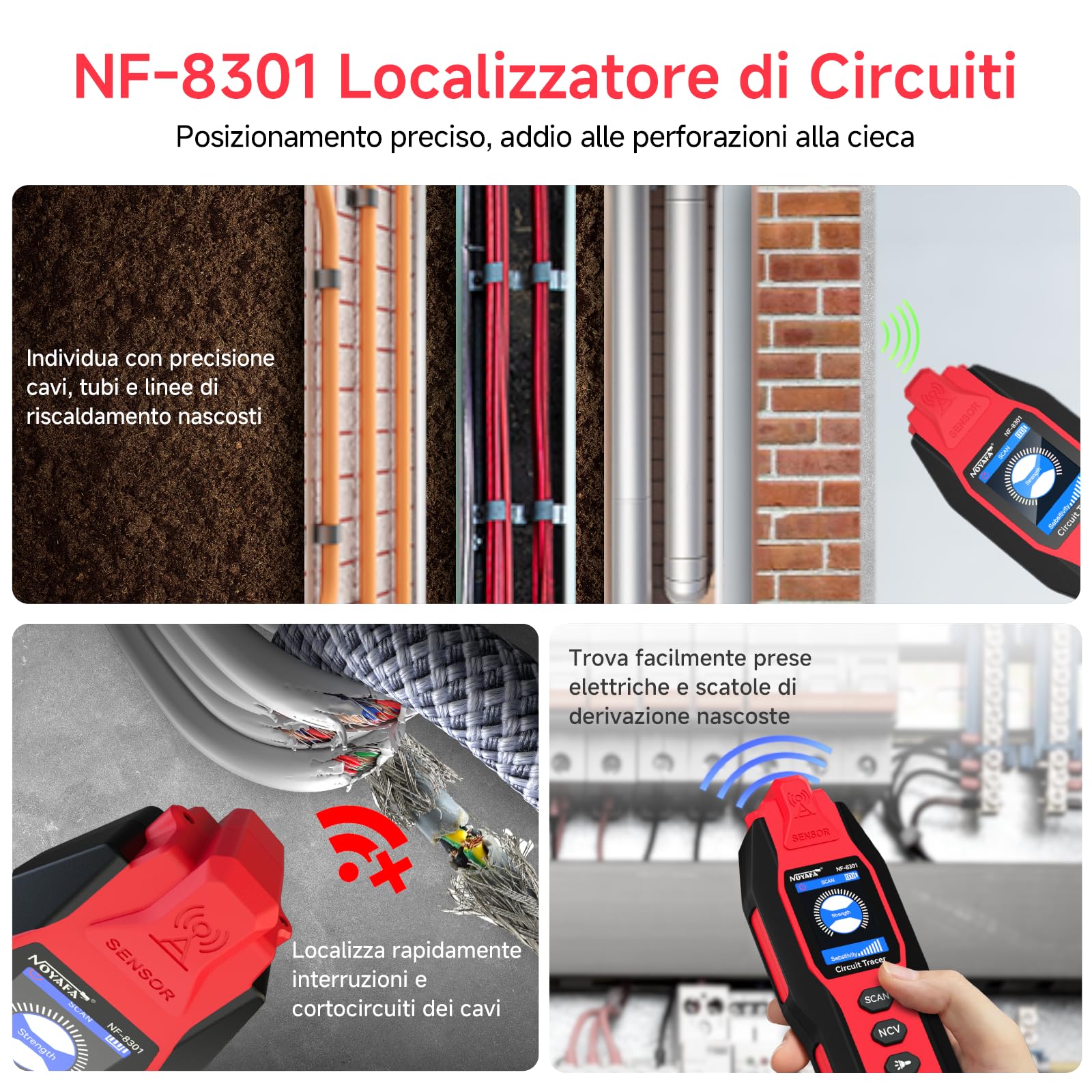NOYAFA NF-8301 Rilevatore di Circuiti e Cercacavi, Localizzatore di Interruttori con Multimetro Digitale, Sensibilità 8 Livelli, Ricaricabile, per Cavi a Muro e Sotterranei