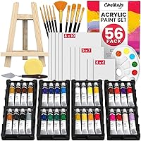 Chalkola 56-Pc Acrylic Paint Set for Kids & Adults: 32 Vibrant 22ml Colors, 10 Brushes, 10 Primed Canvases, Easel, Palette - Complete Art Kit