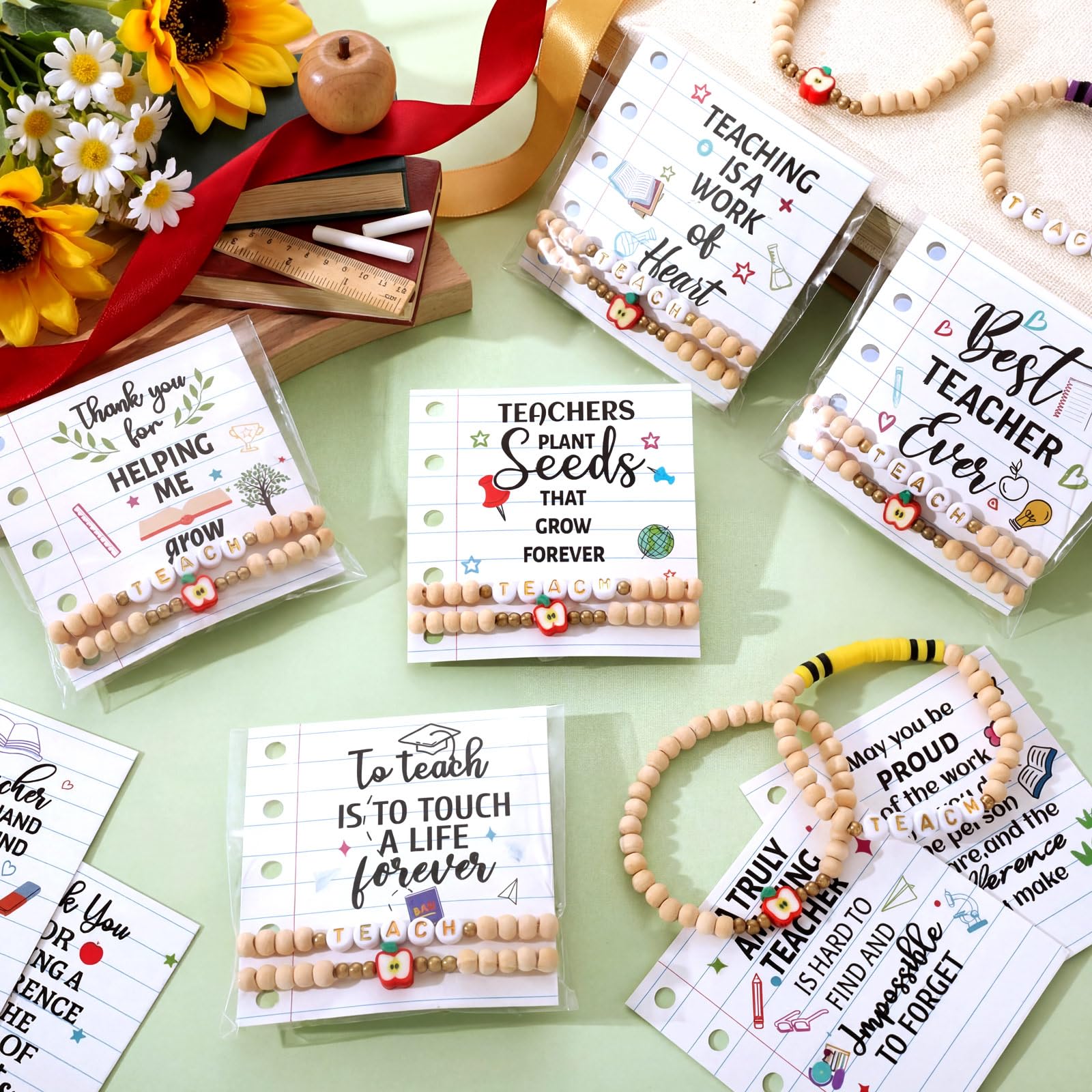 Huquary 12 Set/24Set End of Year Teacher Gifts Teacher Bracelet Bulk Clay Beaded Bracelet with Card OPP Bag