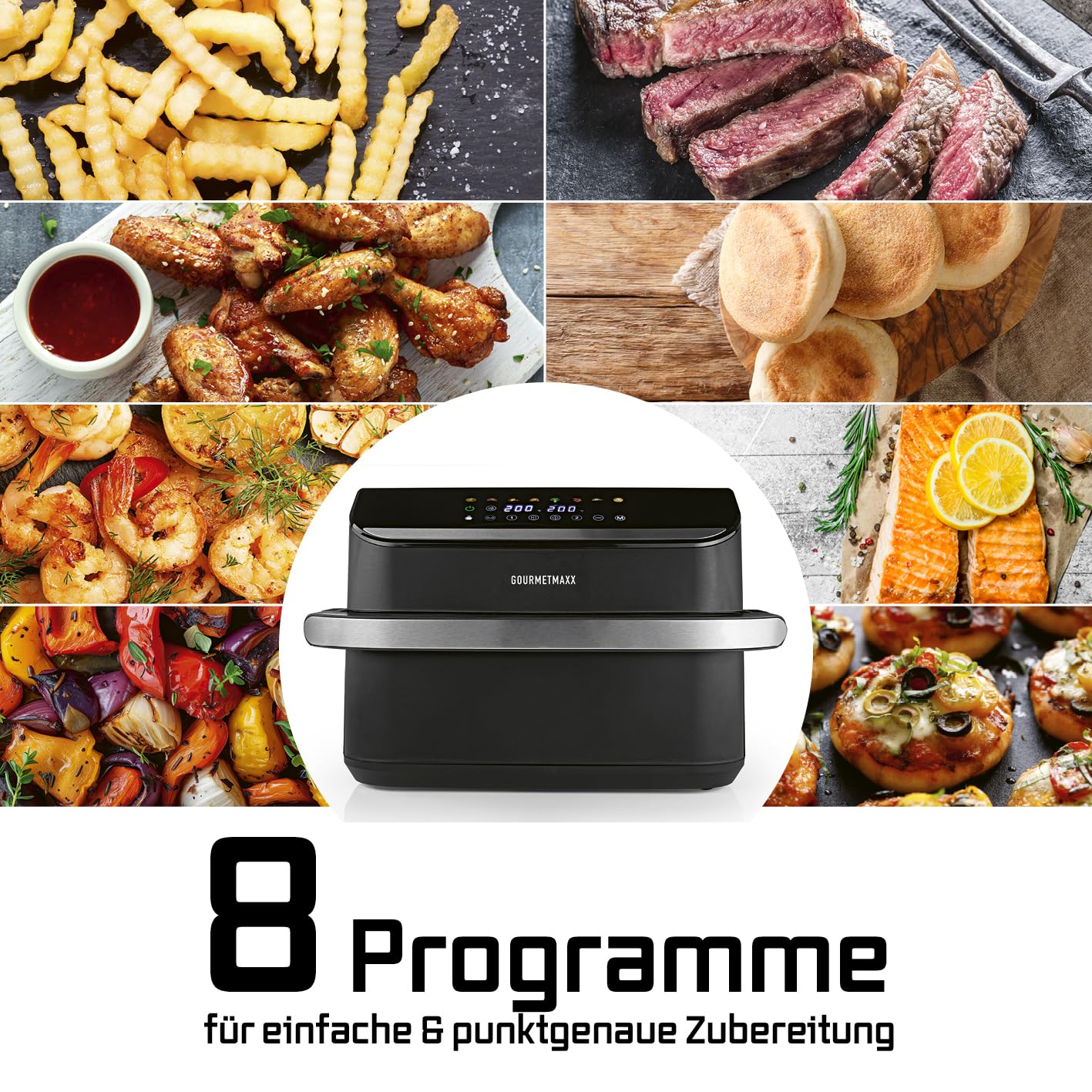 GOURMETmaxx Heißluftfritteuse, 10 L - 2 x 5 L Airfryer Vario-Kammer | Fritteuse mit 8 Programmen & Touchscreen | Heißluftfritteuse 2 Kammern – 2 Speisen gleichzeitig zubereiten | für max. 8 Personen