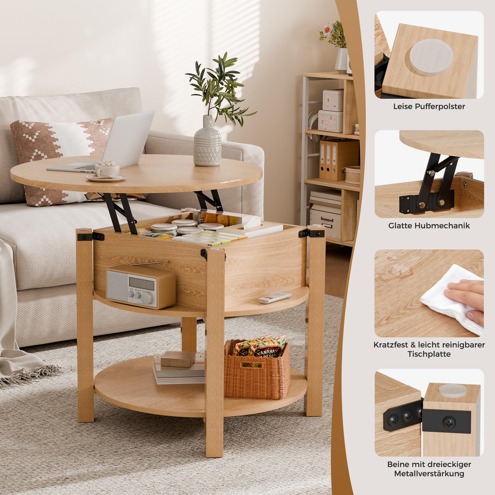 ELUCHANG Couchtisch Rund mit Hebeplatte, Couchtisch Höhenverstellbarer 2 in 1, Beistelltisch Wohnzimmertisch mit Verstecktem Ablagefach Stauraum, Offenem Fach, für Wohnzimmer/Büro, 60x60cm, Eiche