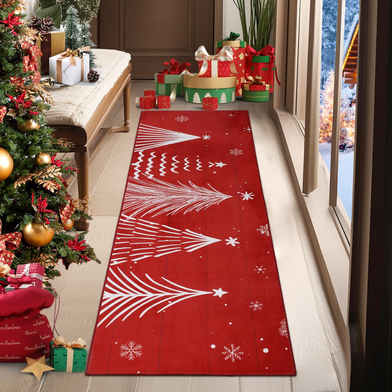 Alfombra de Pasillo Navidad, Pelo Corto Alfombra Cocina Lavable Antideslizante, Alfombra Entrada del Salón, Alfombra Corredor Antideslizante Larga para Lavandería Vacaciones (Árbol Rojo, 60x180cm)