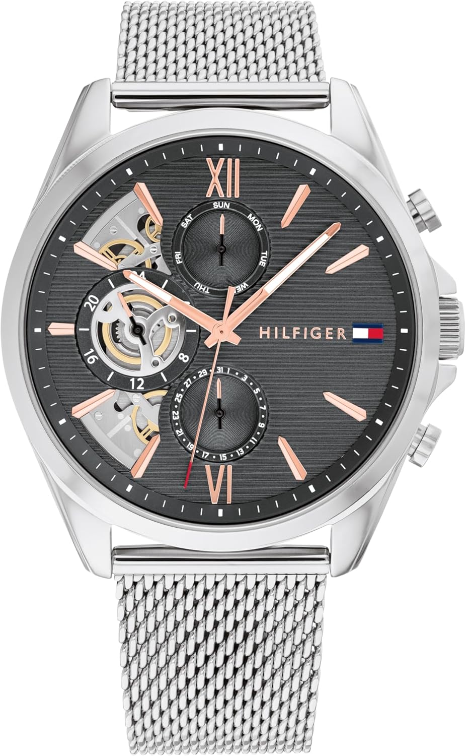 Tommy Hilfiger Men's Watch – Quartz Multifunction, 44 mm Stainless Steel Case, Skeleton Dial, Mesh Bracelet – Dress Watch for Men