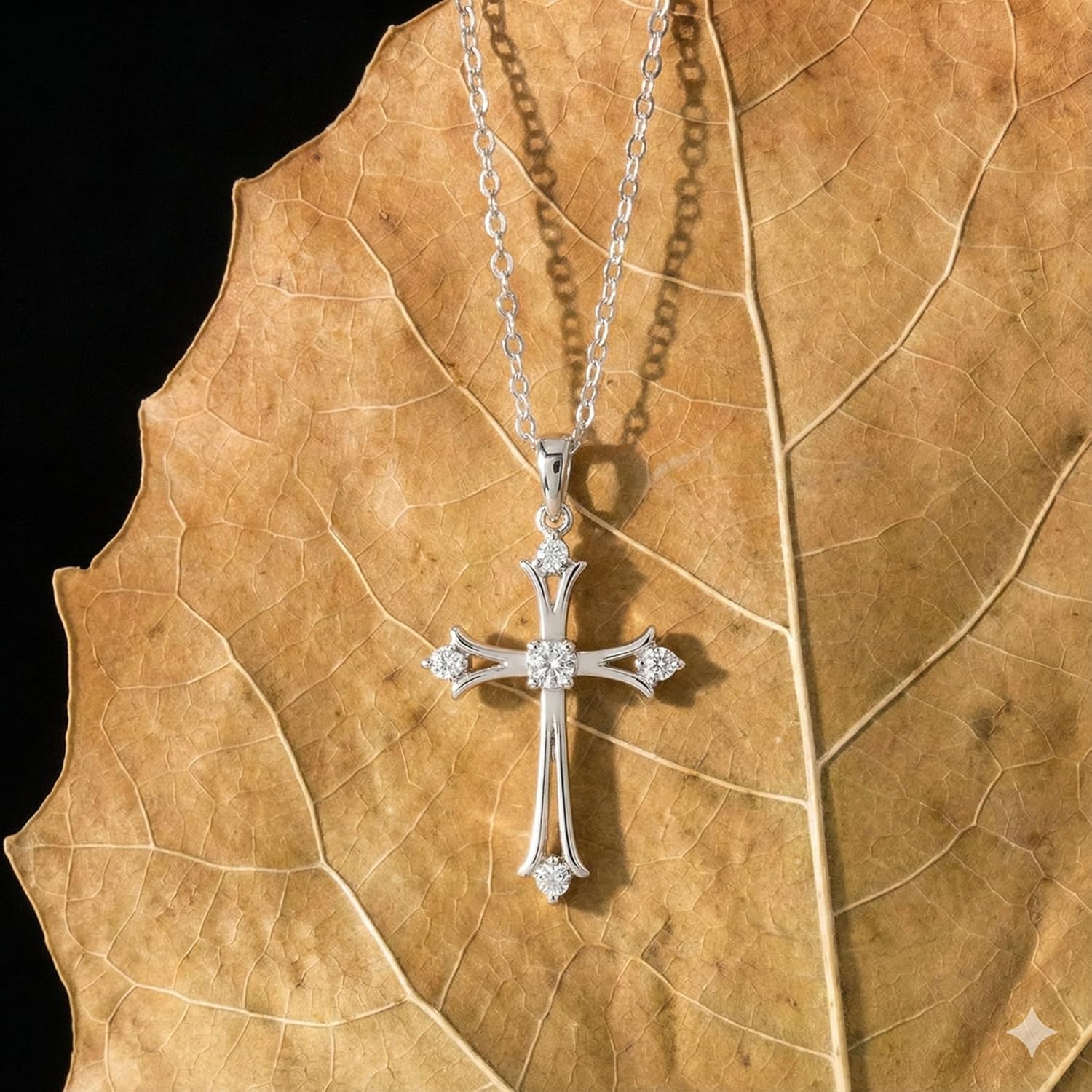 925 Sterling Silver Elegant Tipped Cross Necklace – Subtle Crystal Accented Faith Pendant, Petite CZ Detail Charm for Women with Adjustable 16-18" Chain (Rhodium or 14K Gold Plated)