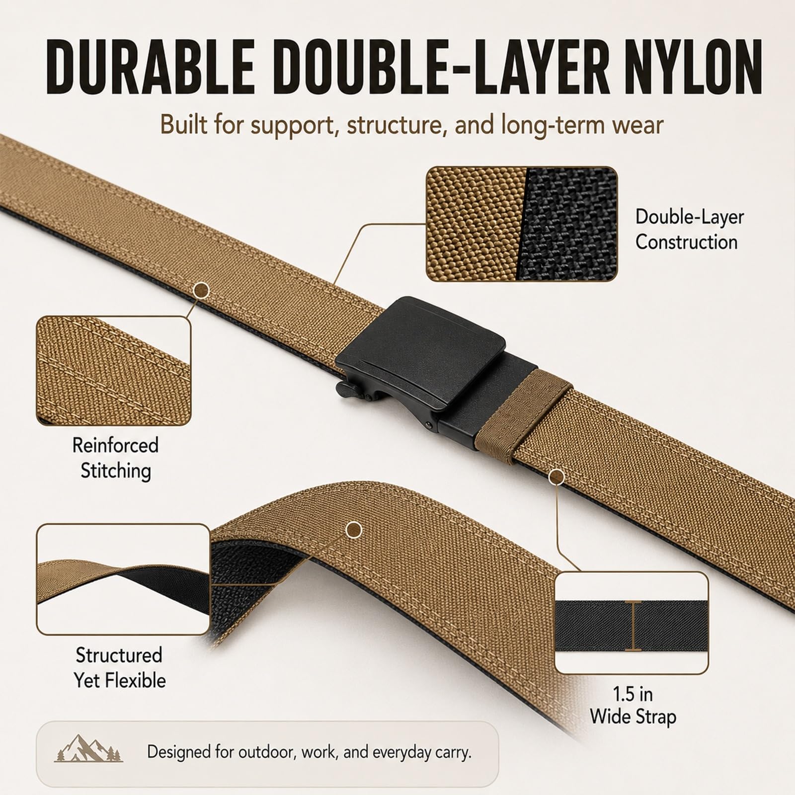 Ceinture Homme 3.8cm en Nylon Double Couche, Boucle Micro-Réglable, Sangle Rigide pour Travail et Sport