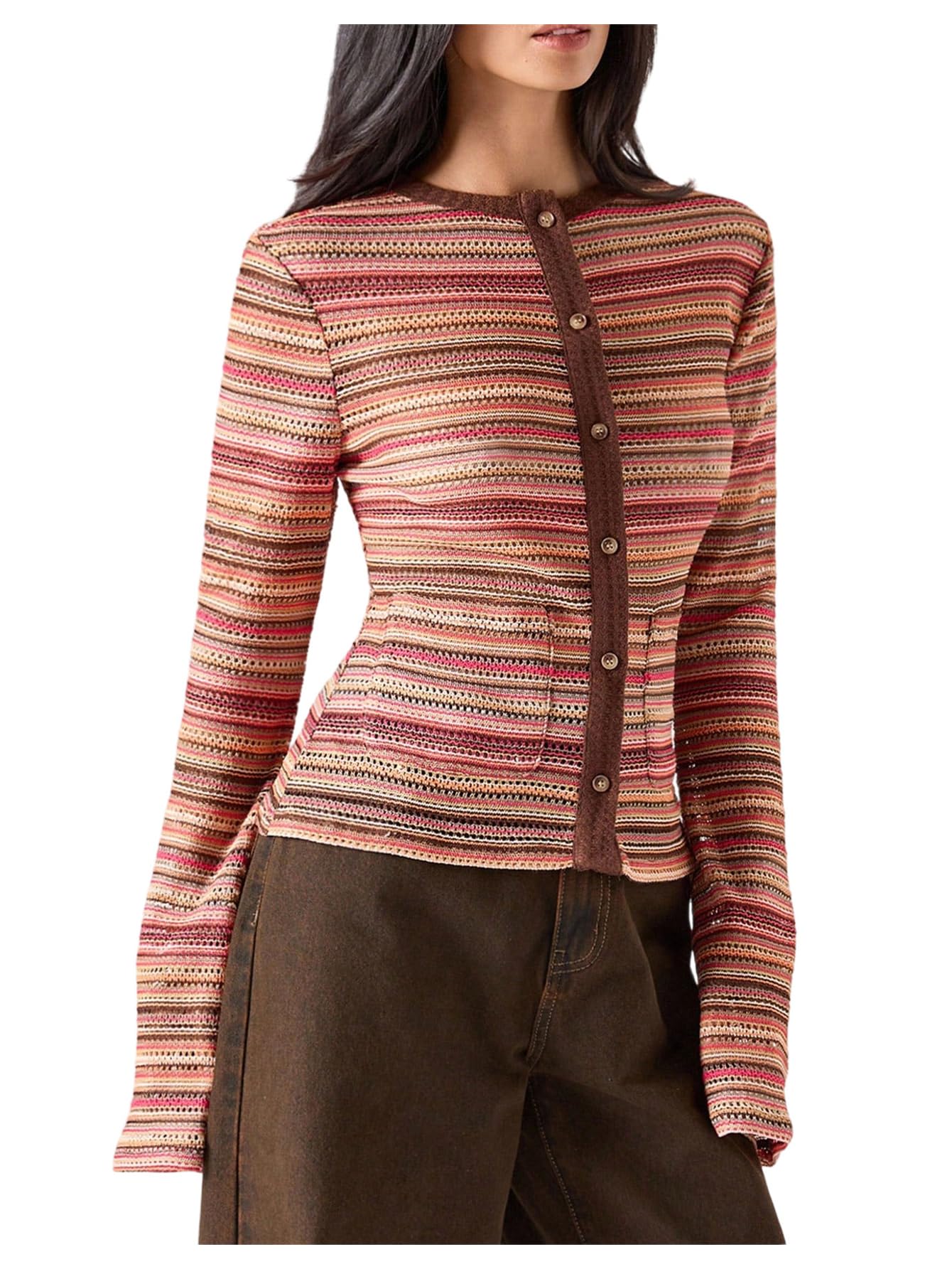 MakeMeChic Womens Striped Cardigan Button Down Long Sleeve Crew Neck Lightweight Sweater