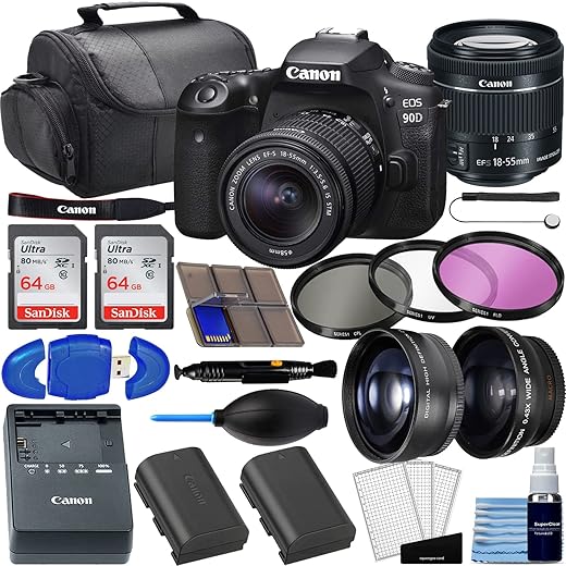 Canon EOS 90D DSLR Camera Bundle with EF-S 18-55mm f/4-5.6 is STM Lens + 2pc SanDisk 64GB Memory Cards + Wide Angle Lens + Telephoto Lens + 3pc Filter Kit + Deluxe Bag + Professional Kit