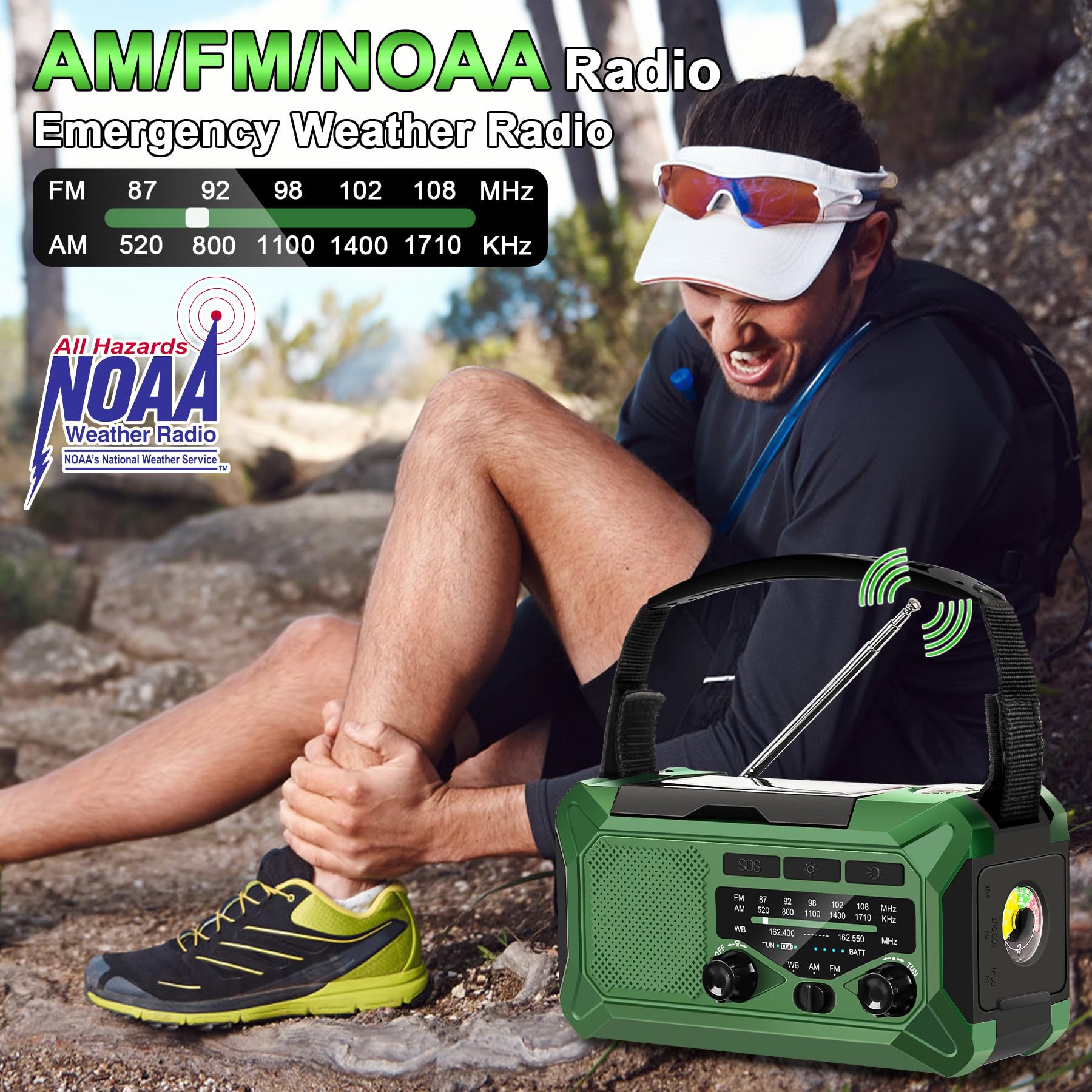 Radio meteorologica di emergenza 10000 mAh 37000 mWh NOAA/AM/FM solare a manovella con torcia, caricatore telefono, bussola, lampada da lettura