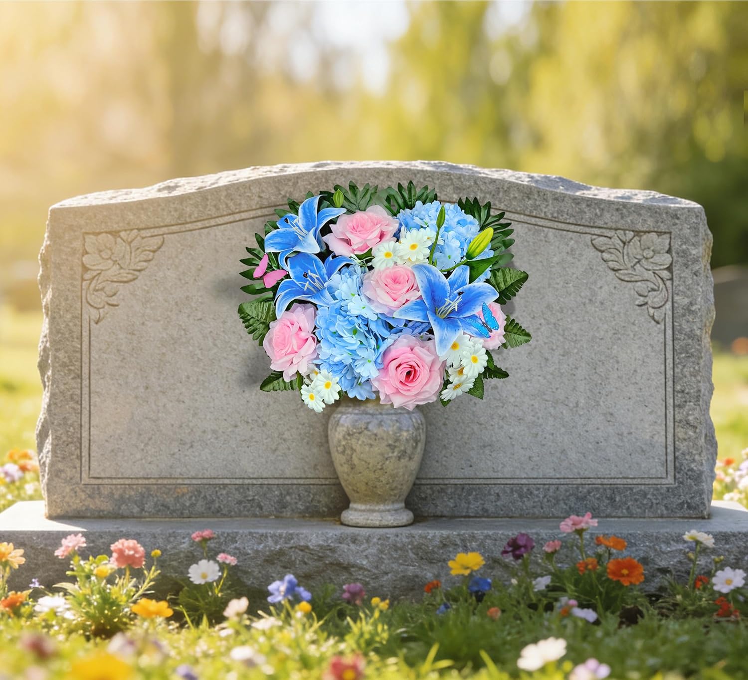 Artificial Cemetery Flowers,Memorial Flowers,Beautiful Arrangements for Headstones,Silk Hibiscus Rose Berries