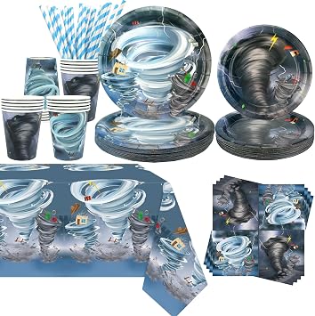 KEFAN Tornado Birthday Party Decorations, Tornado Theme Party Tableware Supplies including Plates, Cups, Napkins, Tablecloth 20
