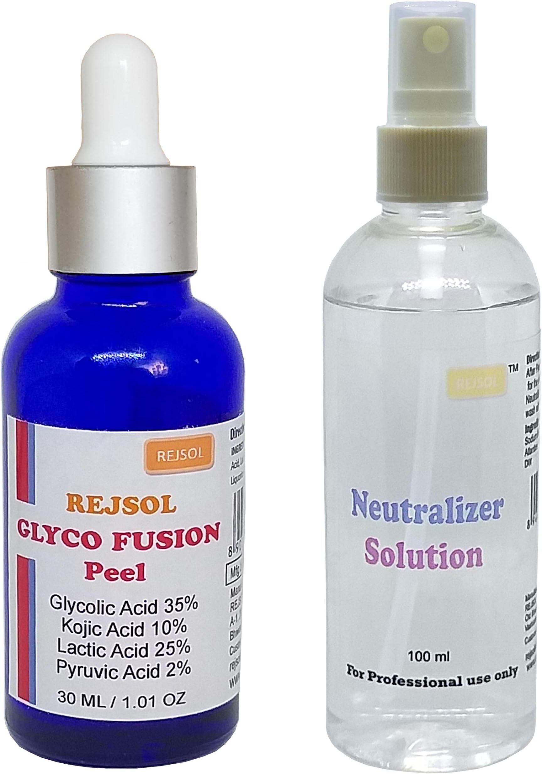 REJSOL Glyco Fusion Peel 30ml Glycolic Acid 35%, Kojic Acid 10%, Lactic Acid 25%, Pyruvic Acid 2%, with Neutralizer 100 ml Chemical Peel, Peeling Kit, Acne Peel