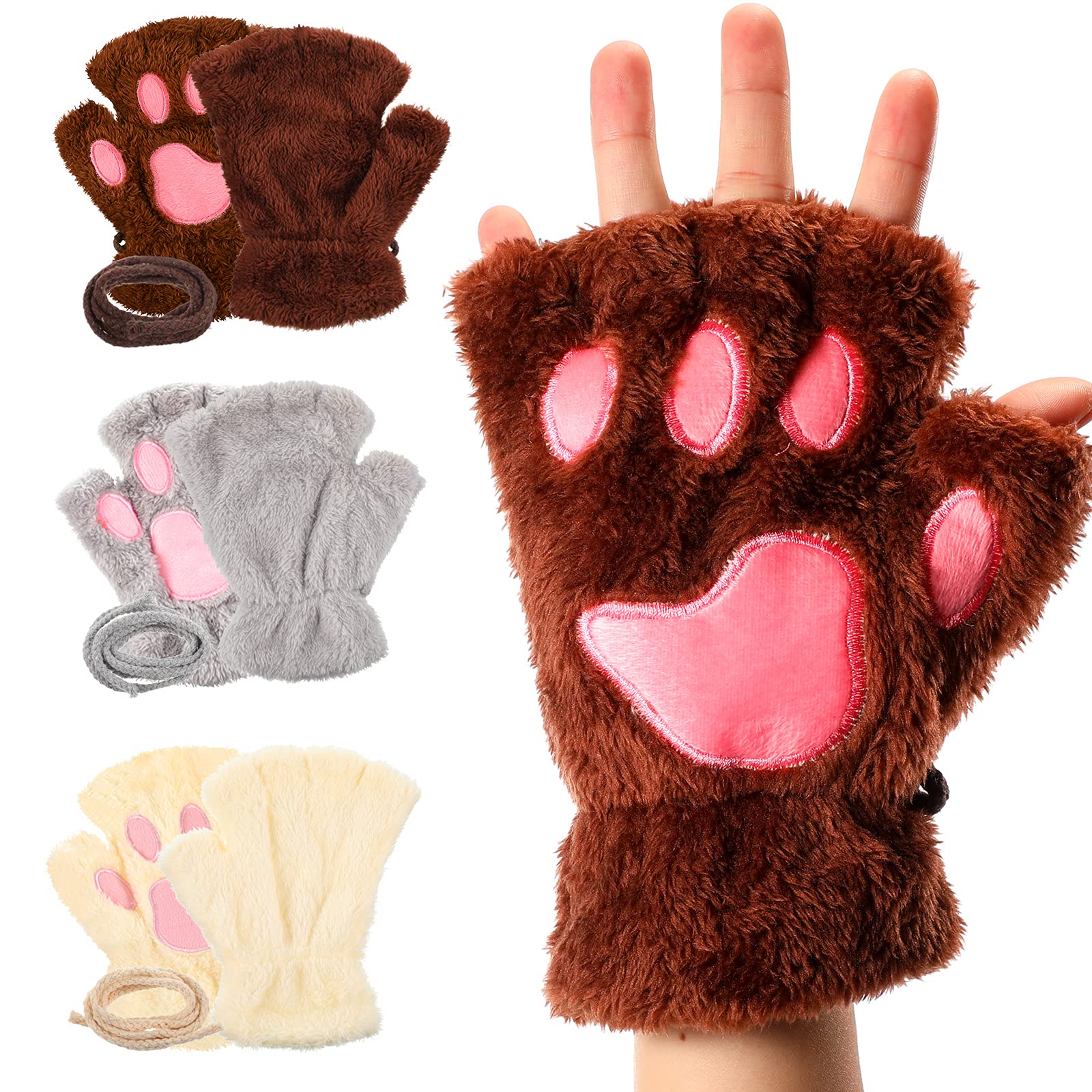 SATINIOR Pairs Paw Gloves Cat Paw Mittens Dog Paw Costume Gloves Winter  Faux Fur Gloves Kitten Fingerless Mittens for Women And Girl Grey, Brown