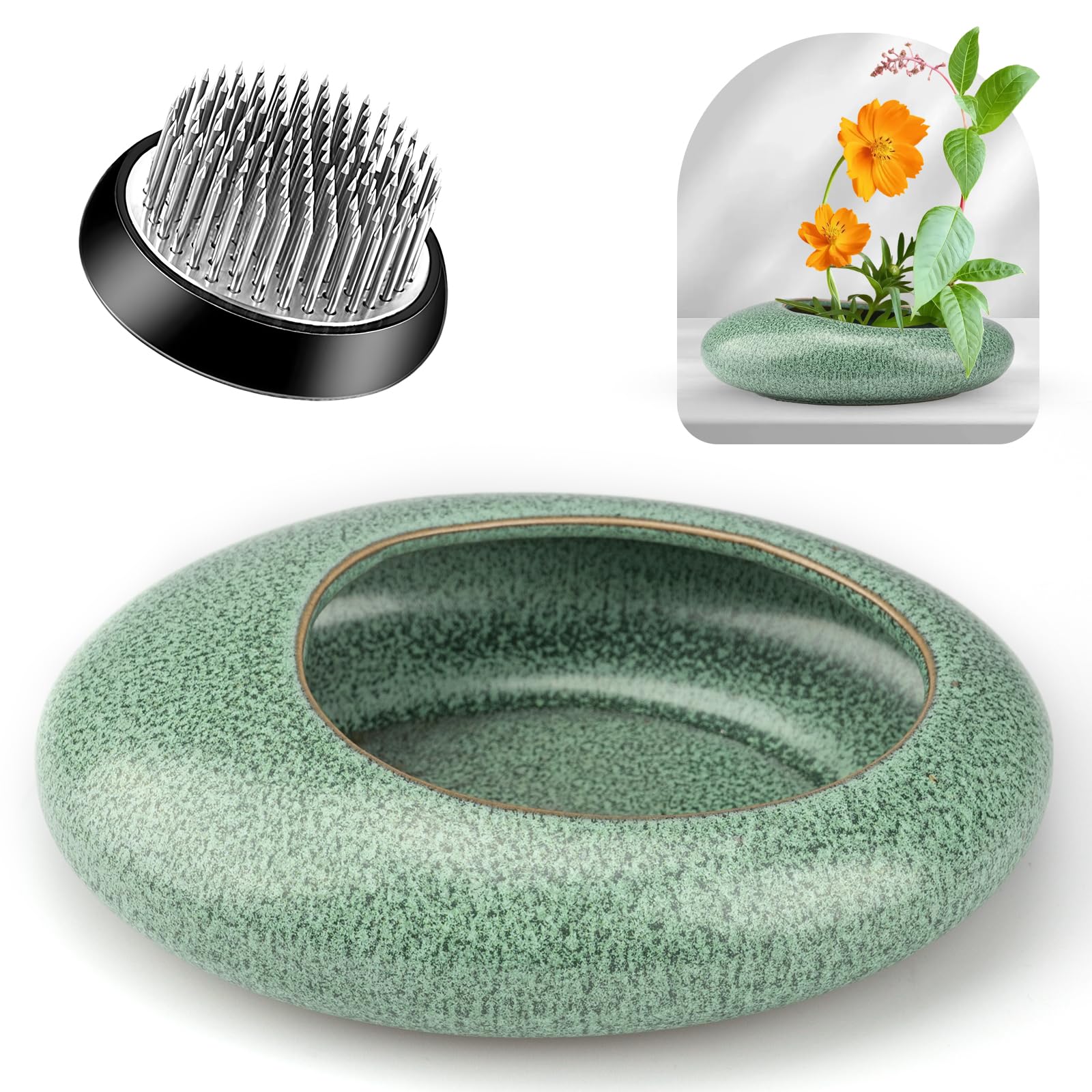 Ikebana Flower Frog Vase Set, 40mm Stainless Steel Florist Frog for Arrangements and Ceramic Water Drop Pot, Elegant Ikebana Flower Holder for Cut Flowers, Floral Decor Kit(Green Small Size)