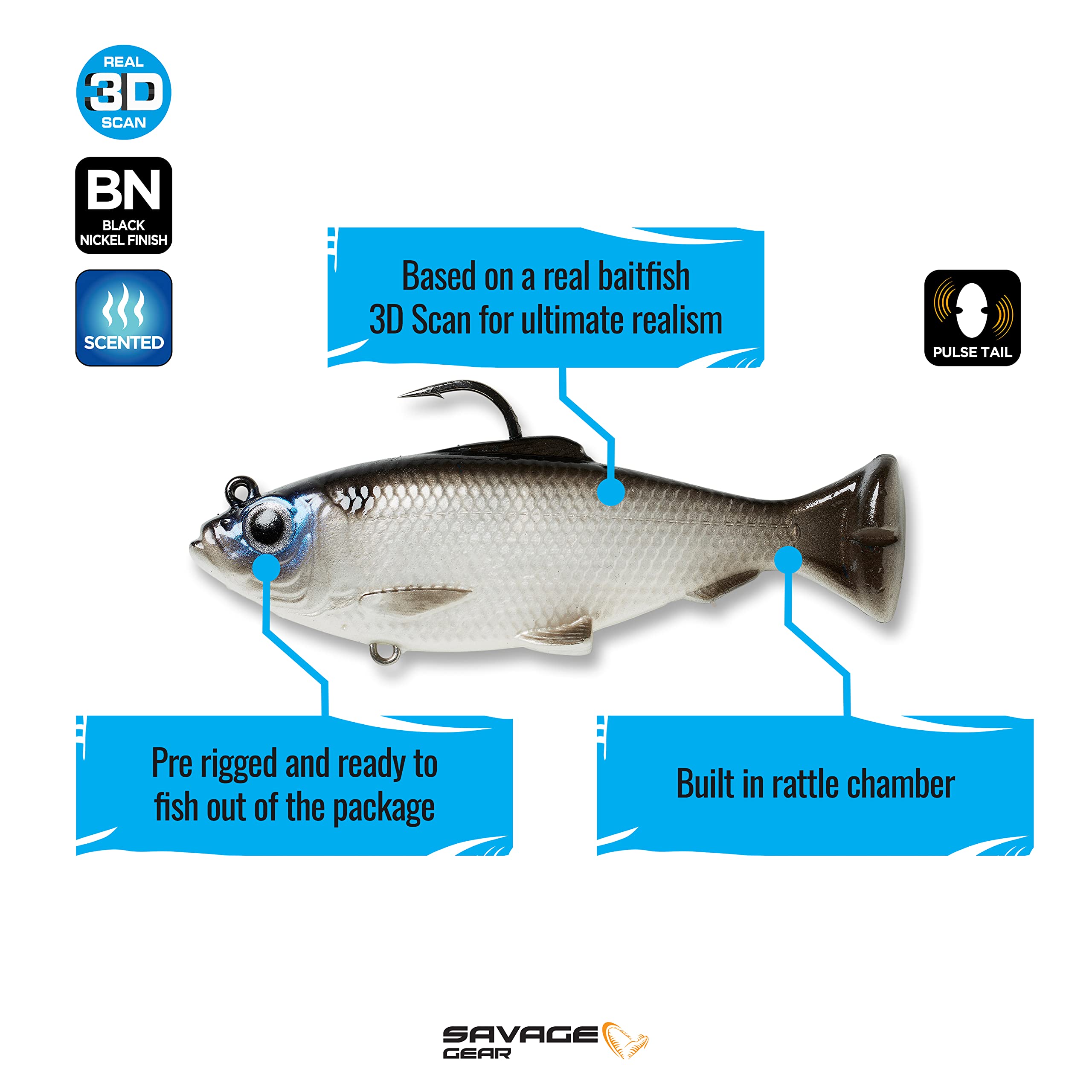 Savage Gear Pulse Tail Baitfish RTF Fishing Bait, 3/8 oz, White, Realistic Contours & Movement, Durable Construction, Heavy-Duty Fishing Hook, Built-in Rattle