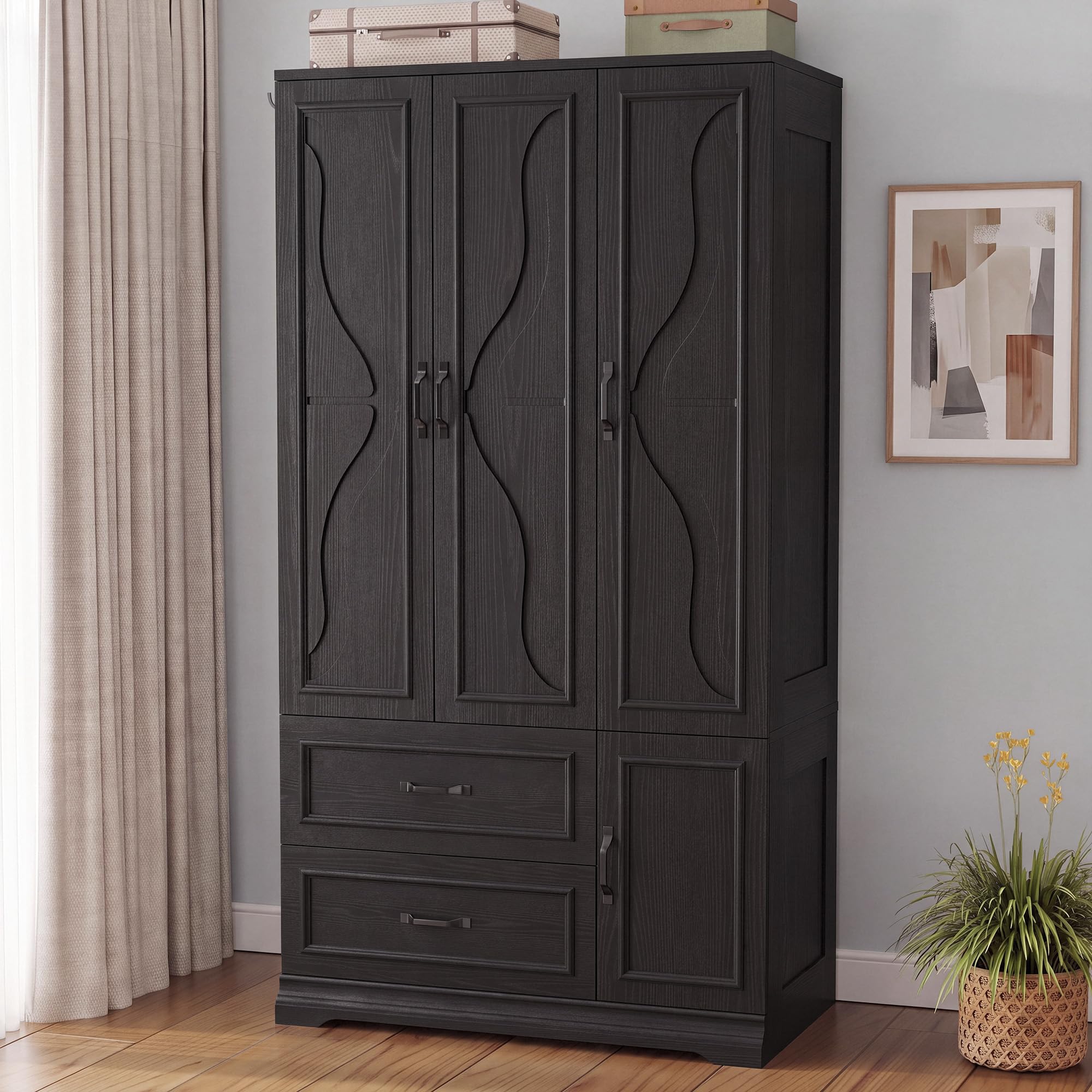 Four-Door Wardrobe Cabinet with Drawers Black