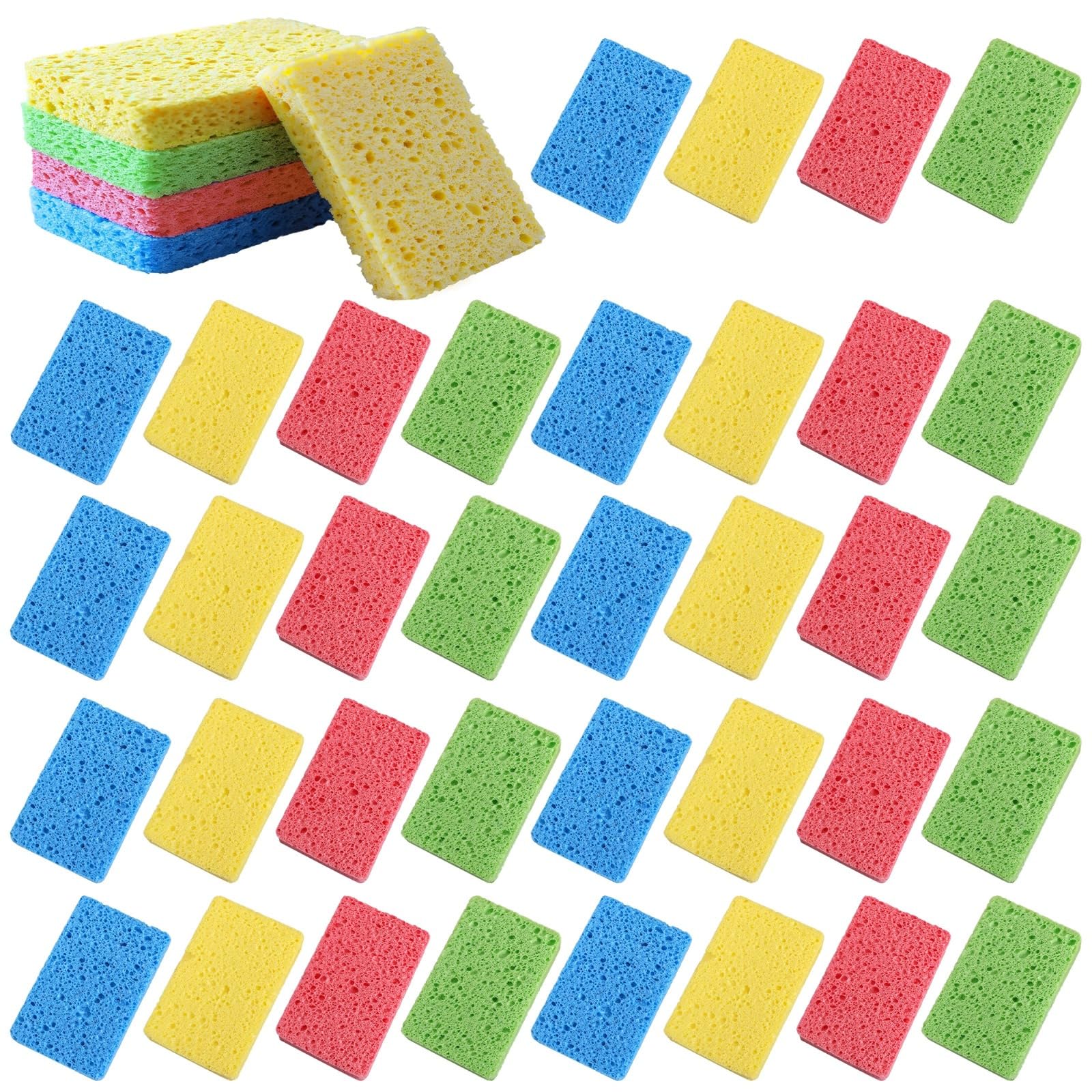 100 gąbek do mycia naczyń do użytku kuchennego, odporna na zarysowania pulpa drzewna i bawełna, 4,3 x 2,8 x 0,4 cala (11 cm x 7 cm x 1 cm), różnorodność zbiorcza w czterech kolorach