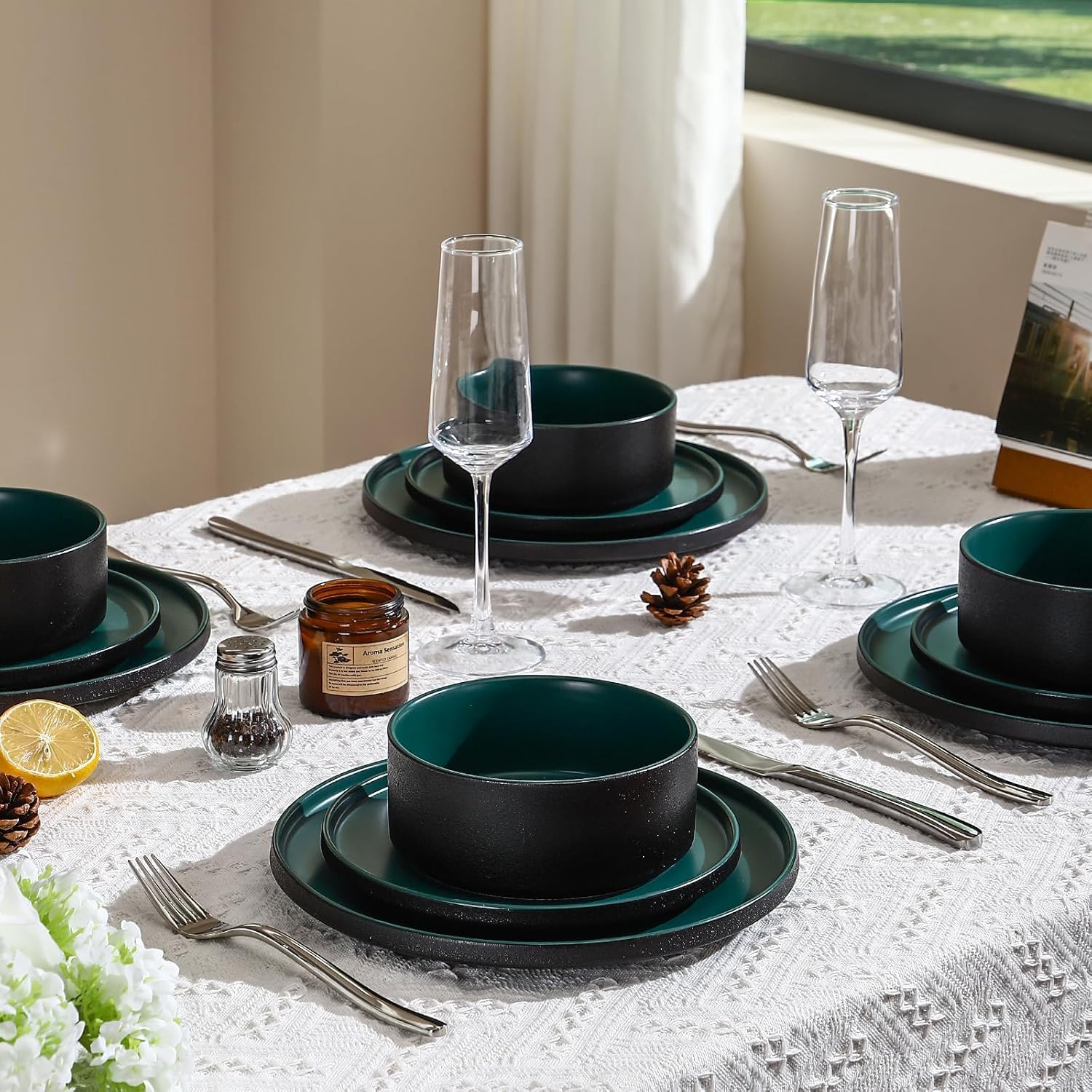 GZG Classic Series - Plates and Bowls Set for 4, 12 Piece Stoneware Dinnerware Sets, Microwave and Dishwasher Safe Lead-Free Handcrafted Ceramic Dishes Set - Malachite Green - Image 9