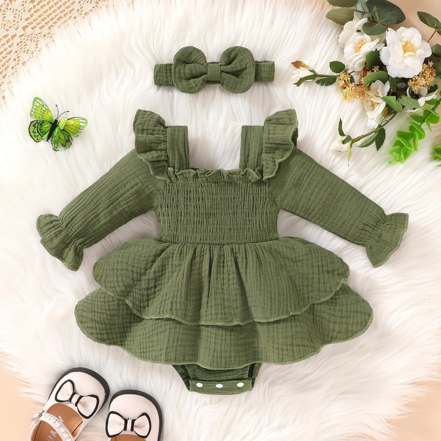 YOUNGER TREE Baby Girl Fall Clothes Infant Long Sleeve Ruffle Romper Dress with Headband Cute Toddler Winter Outfits - Image 2