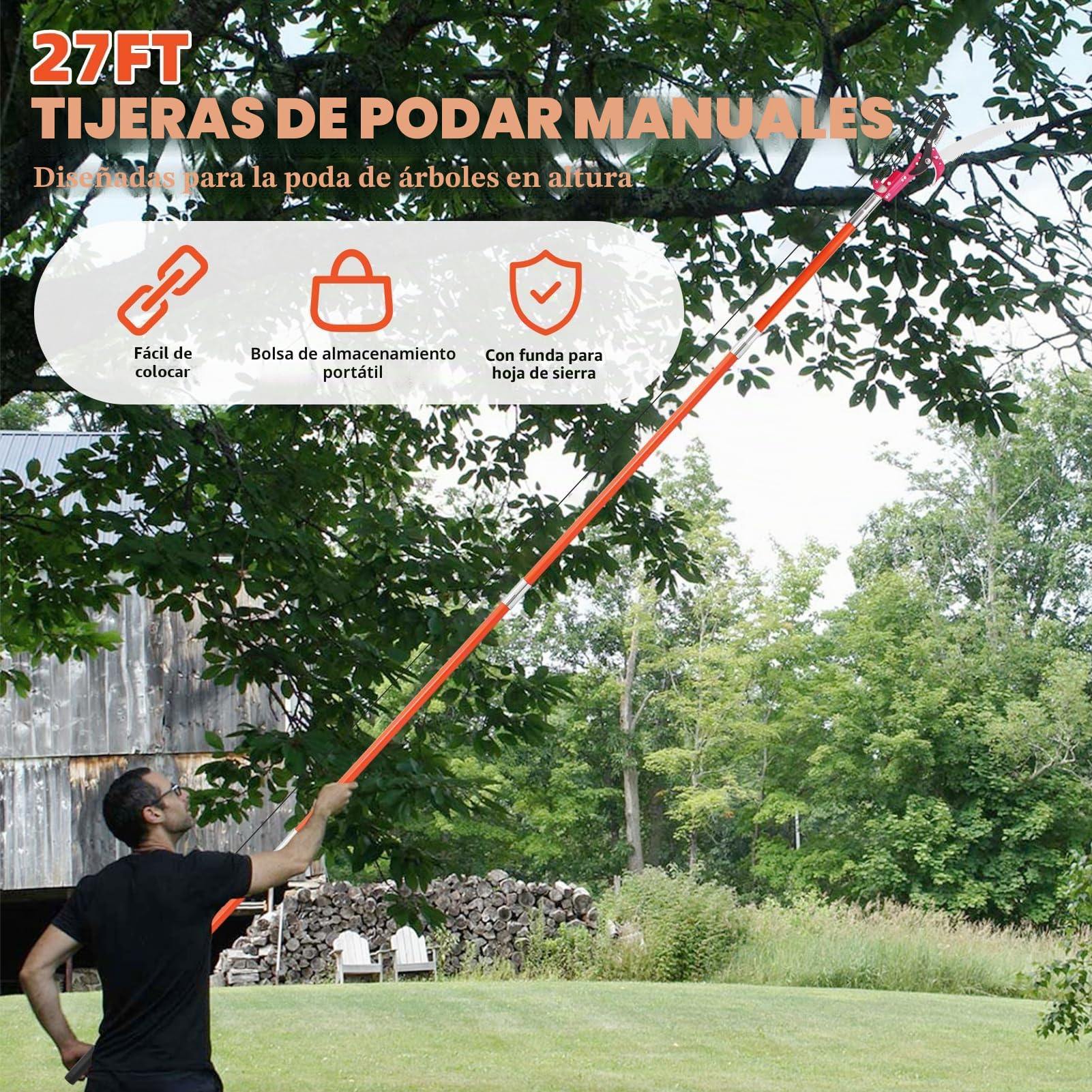 Sierra de poste manual, podadora de árboles extensible de 7 a 27 pies, hoja de acero afilada y tijeras, podadora de ramas altas, recortadora de ramas con 8 asas ligeras de fibra de vidrio, para podar